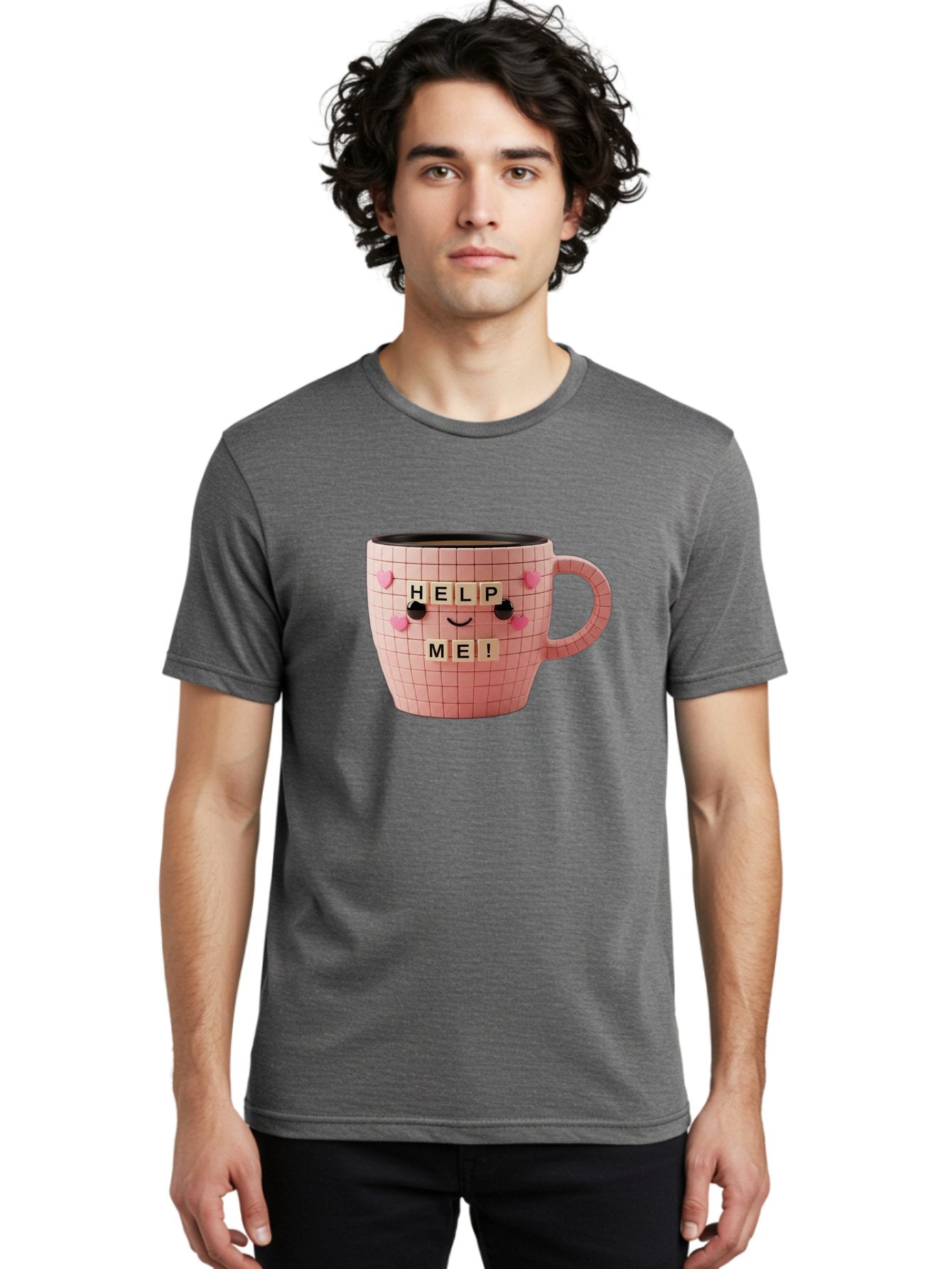 Help-Me-15 Men'S Graphic Tee, 100% Cotton, Comfortable Casual Summer Wear, Machine Washable, Pink Coffee Mug, Grid Pattern Design, Funny Face, Help Me! Letters, Cute Smiley Face, Quirky Humor, Coffee Culture, Playful Design, Cute Expression, Bac041 19