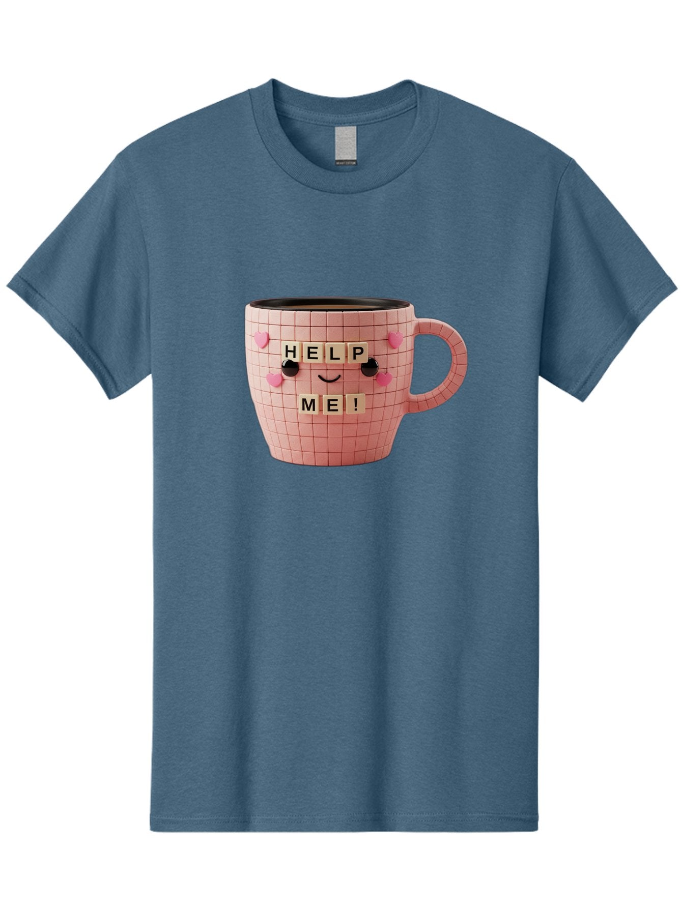 Help-Me-15 Men'S Graphic Tee, 100% Cotton, Comfortable Casual Summer Wear, Machine Washable, Pink Coffee Mug, Grid Pattern Design, Funny Face, Help Me! Letters, Cute Smiley Face, Quirky Humor, Coffee Culture, Playful Design, Cute Expression, Bac041 13