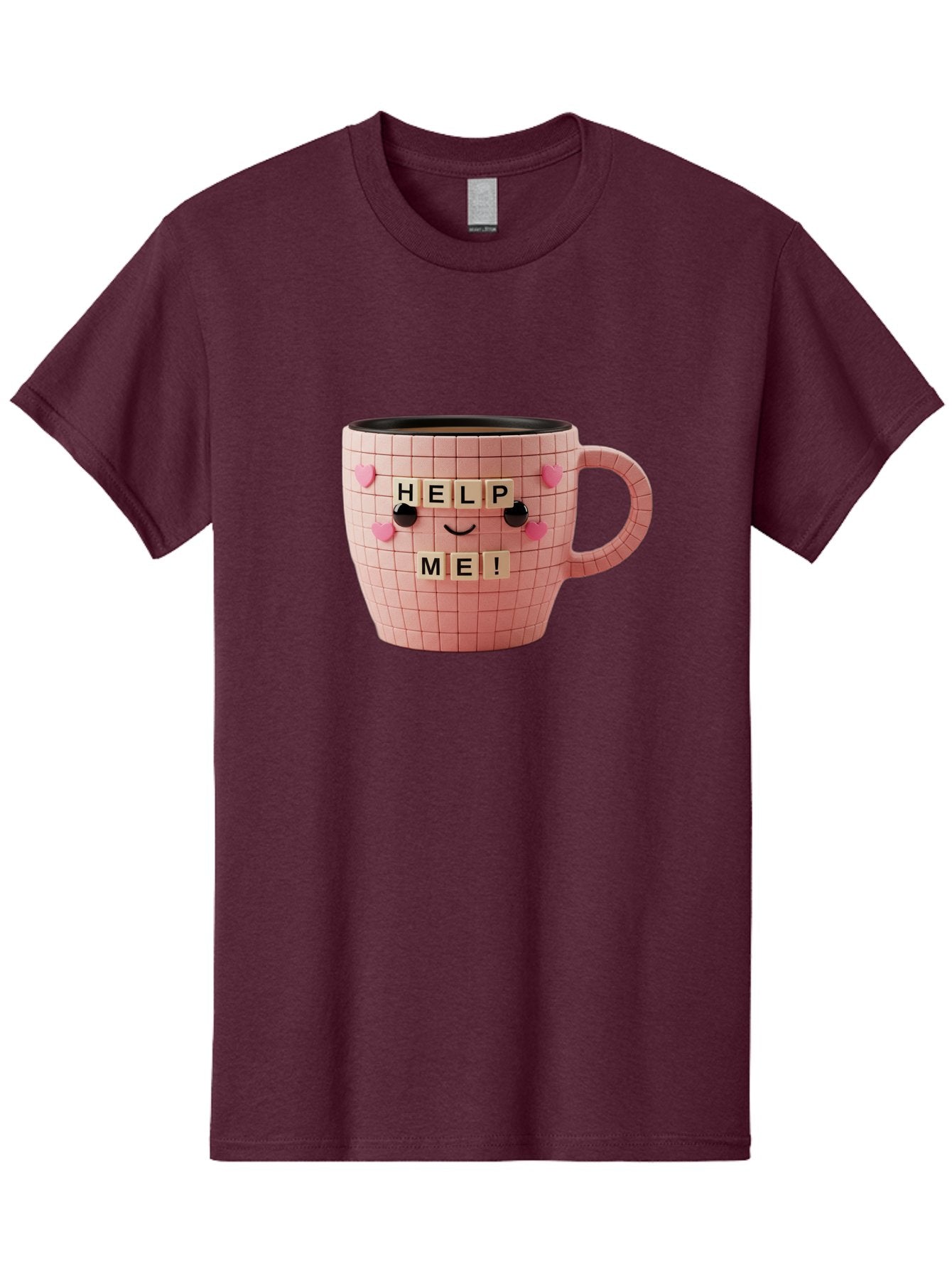 Help-Me-15 Men'S Graphic Tee, 100% Cotton, Comfortable Casual Summer Wear, Machine Washable, Pink Coffee Mug, Grid Pattern Design, Funny Face, Help Me! Letters, Cute Smiley Face, Quirky Humor, Coffee Culture, Playful Design, Cute Expression, Bac041 10