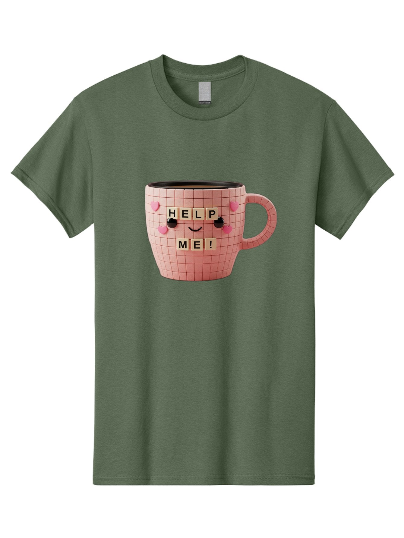 Help-Me-15 Men'S Graphic Tee, 100% Cotton, Comfortable Casual Summer Wear, Machine Washable, Pink Coffee Mug, Grid Pattern Design, Funny Face, Help Me! Letters, Cute Smiley Face, Quirky Humor, Coffee Culture, Playful Design, Cute Expression, Bac041 4