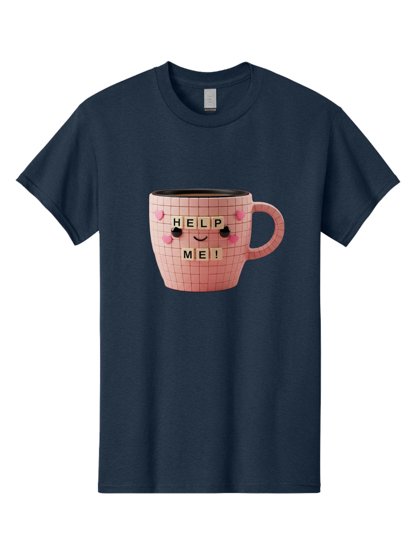 Help-Me-15 Men'S Graphic Tee, 100% Cotton, Comfortable Casual Summer Wear, Machine Washable, Pink Coffee Mug, Grid Pattern Design, Funny Face, Help Me! Letters, Cute Smiley Face, Quirky Humor, Coffee Culture, Playful Design, Cute Expression, Bac041 9