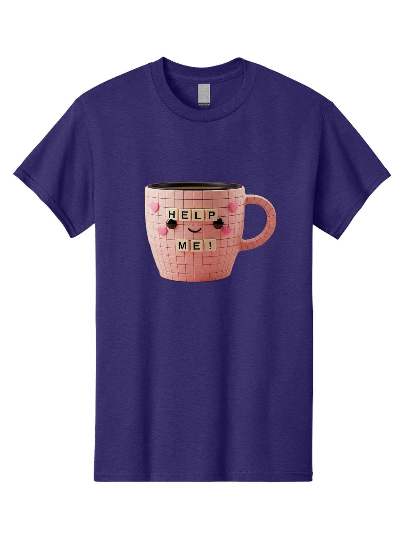 Help-Me-15 Men'S Graphic Tee, 100% Cotton, Comfortable Casual Summer Wear, Machine Washable, Pink Coffee Mug, Grid Pattern Design, Funny Face, Help Me! Letters, Cute Smiley Face, Quirky Humor, Coffee Culture, Playful Design, Cute Expression, Bac041 14