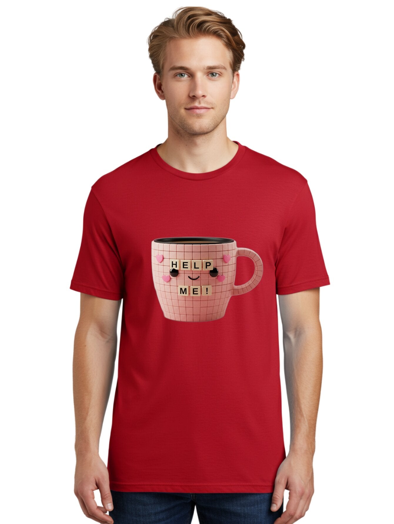 Help-Me-15 Men'S Graphic Tee, 100% Cotton, Comfortable Casual Summer Wear, Machine Washable, Pink Coffee Mug, Grid Pattern Design, Funny Face, Help Me! Letters, Cute Smiley Face, Quirky Humor, Coffee Culture, Playful Design, Cute Expression, Bac041 28