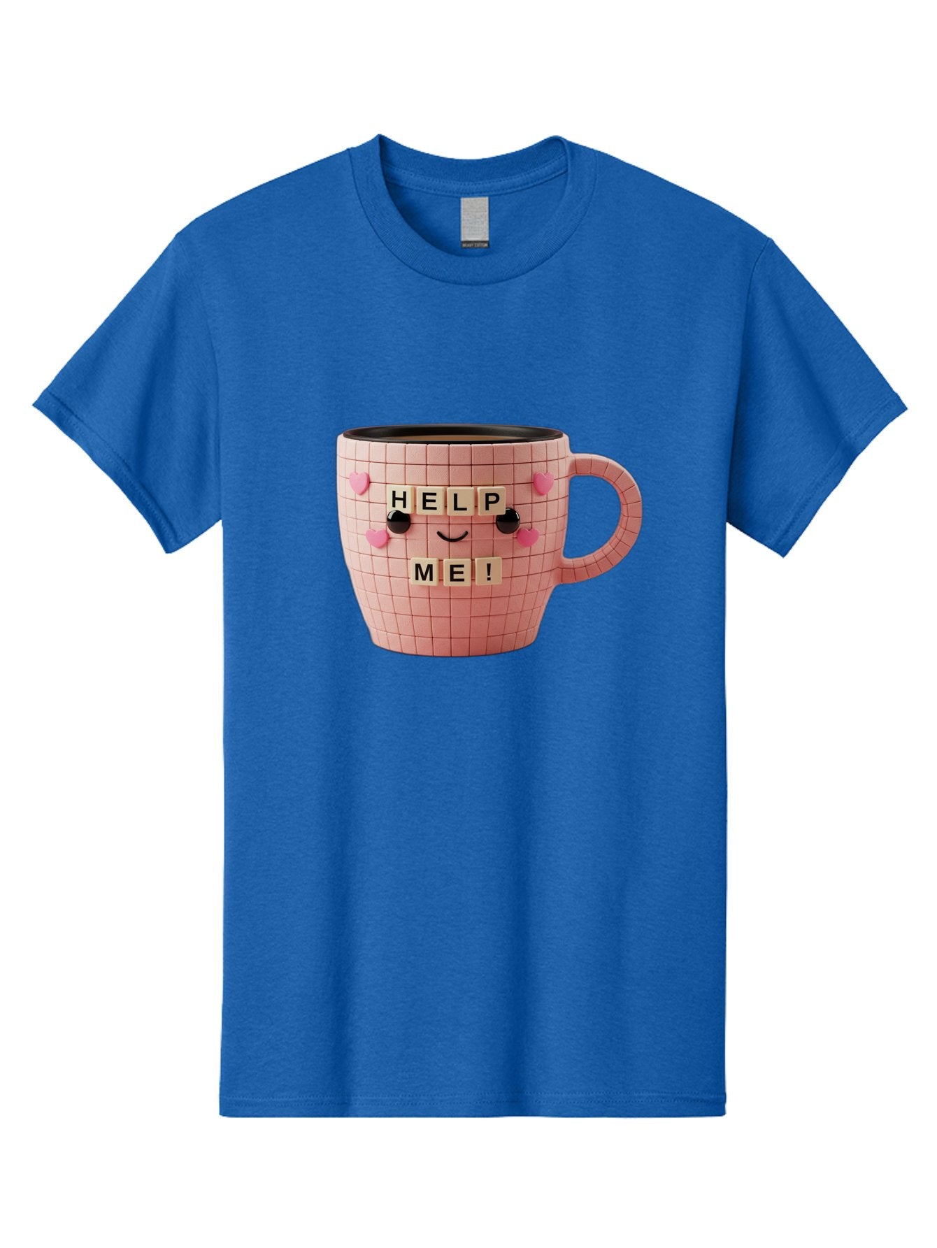 Help-Me-15 Men'S Graphic Tee, 100% Cotton, Comfortable Casual Summer Wear, Machine Washable, Pink Coffee Mug, Grid Pattern Design, Funny Face, Help Me! Letters, Cute Smiley Face, Quirky Humor, Coffee Culture, Playful Design, Cute Expression, Bac041 11