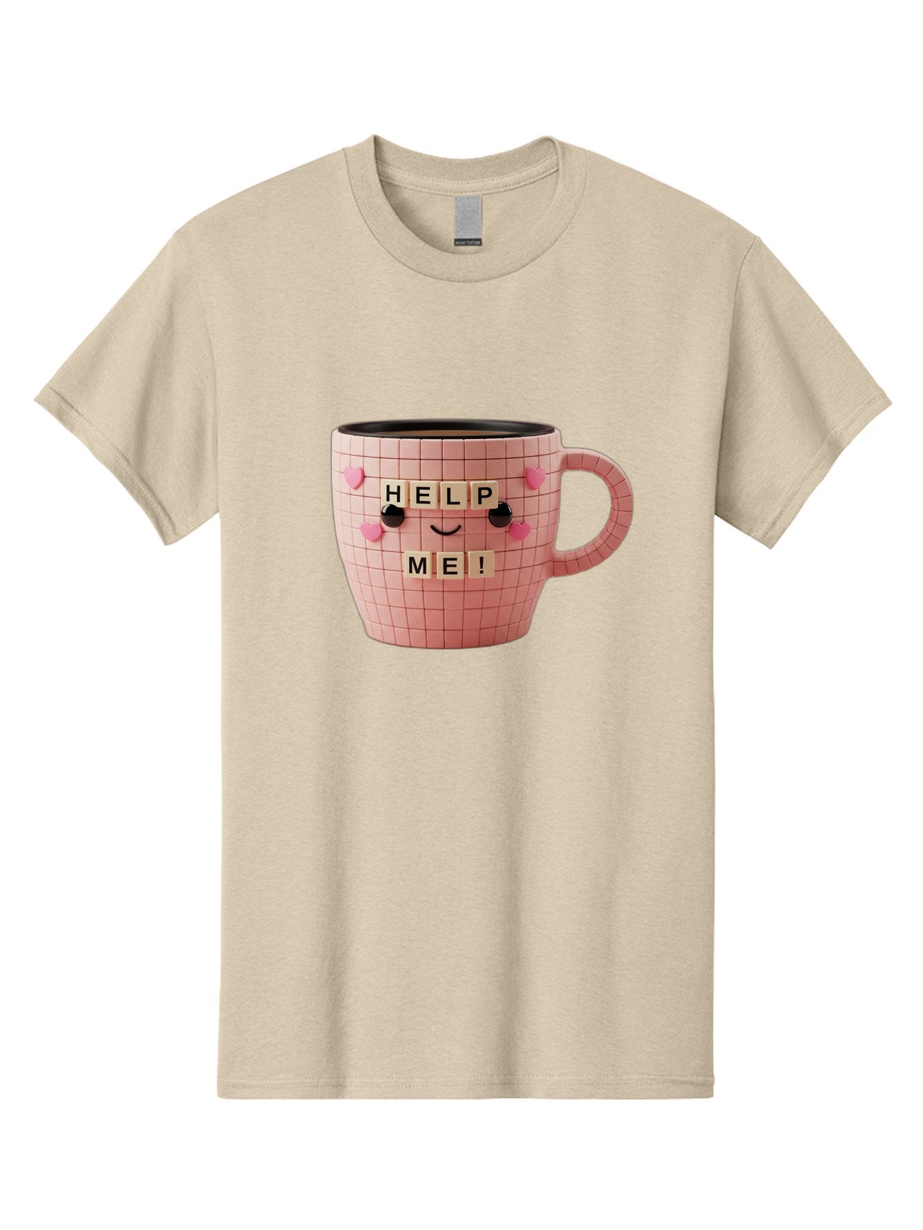 Help-Me-15 Men'S Graphic Tee, 100% Cotton, Comfortable Casual Summer Wear, Machine Washable, Pink Coffee Mug, Grid Pattern Design, Funny Face, Help Me! Letters, Cute Smiley Face, Quirky Humor, Coffee Culture, Playful Design, Cute Expression, Bac041 7