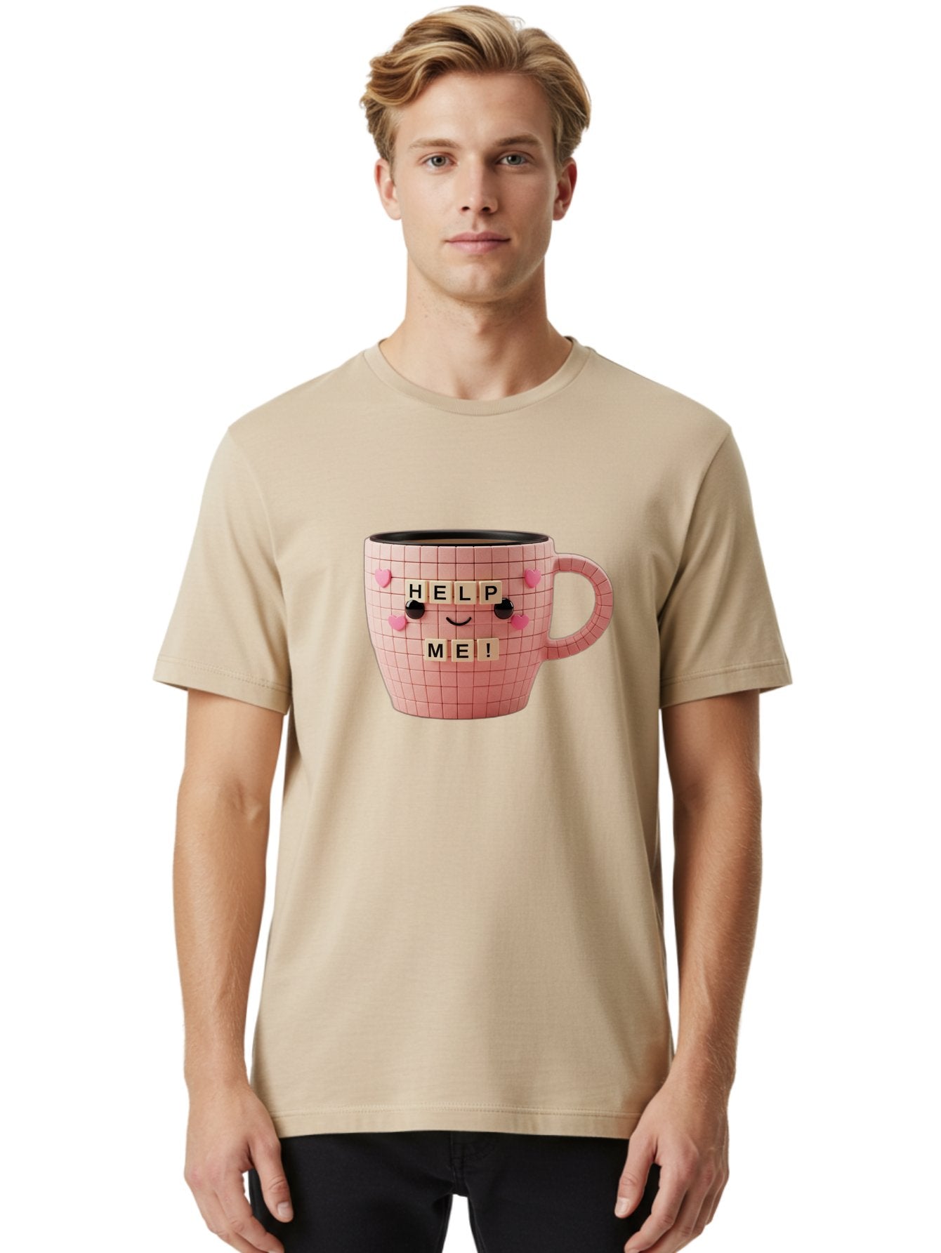 Help-Me-15 Men'S Graphic Tee, 100% Cotton, Comfortable Casual Summer Wear, Machine Washable, Pink Coffee Mug, Grid Pattern Design, Funny Face, Help Me! Letters, Cute Smiley Face, Quirky Humor, Coffee Culture, Playful Design, Cute Expression, Bac041 16