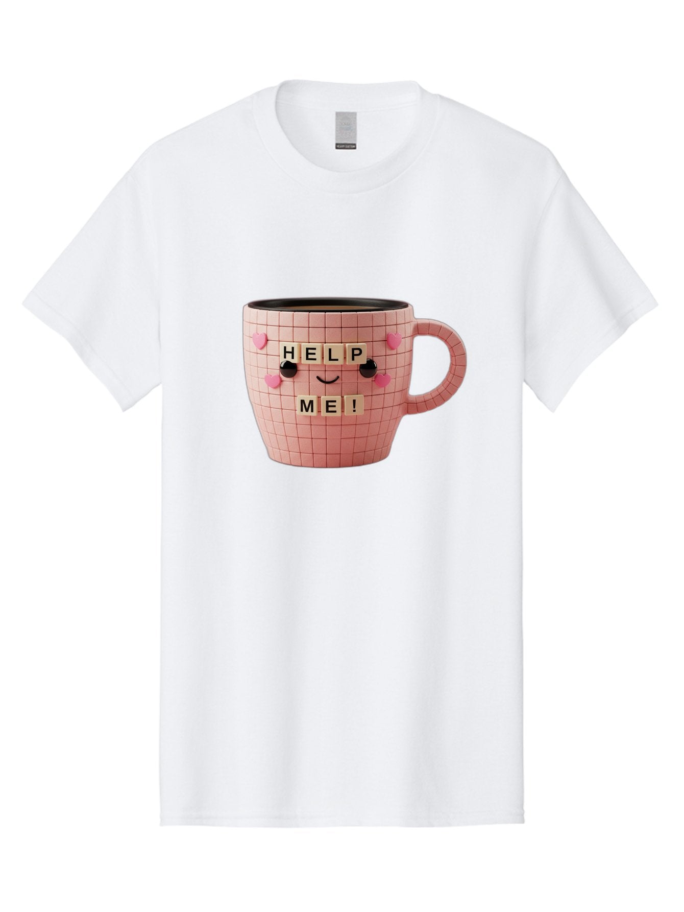 Help-Me-15 Men'S Graphic Tee, 100% Cotton, Comfortable Casual Summer Wear, Machine Washable, Pink Coffee Mug, Grid Pattern Design, Funny Face, Help Me! Letters, Cute Smiley Face, Quirky Humor, Coffee Culture, Playful Design, Cute Expression, Bac041