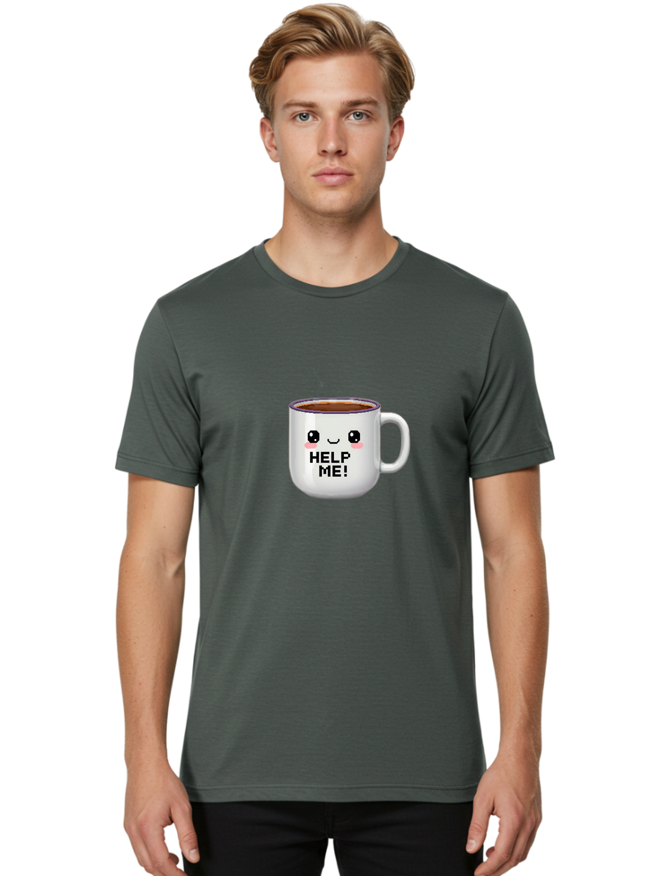 Help-Me-2 Men'S Graphic Tee, 100% Cotton, Comfortable Casual Summer Wear, Machine Washable, Funny Coffee Mug, Cartoon Style, Coffee Cup With Face, Humorous Design, Cute Character, Help Me! Text, Coffee Lover Gift Bac042 21
