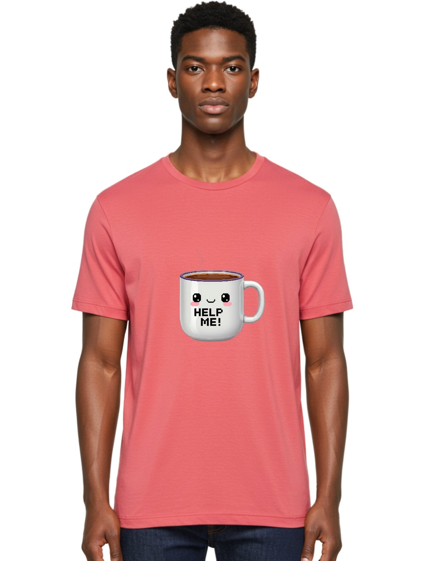 Help-Me-2 Men'S Graphic Tee, 100% Cotton, Comfortable Casual Summer Wear, Machine Washable, Funny Coffee Mug, Cartoon Style, Coffee Cup With Face, Humorous Design, Cute Character, Help Me! Text, Coffee Lover Gift Bac042 26