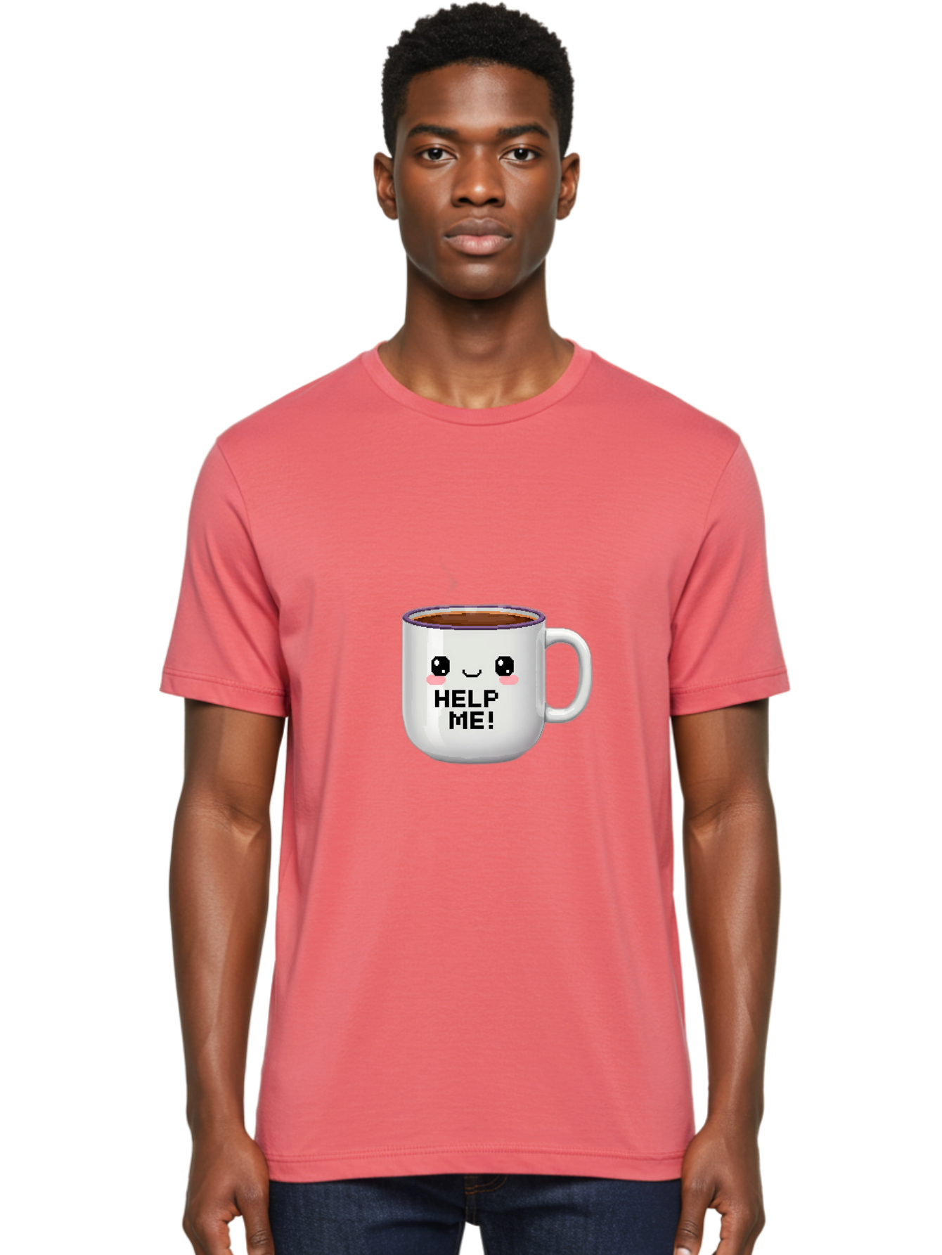 Help-Me-2 Men'S Graphic Tee, 100% Cotton, Comfortable Casual Summer Wear, Machine Washable, Funny Coffee Mug, Cartoon Style, Coffee Cup With Face, Humorous Design, Cute Character, Help Me! Text, Coffee Lover Gift Bac042 20