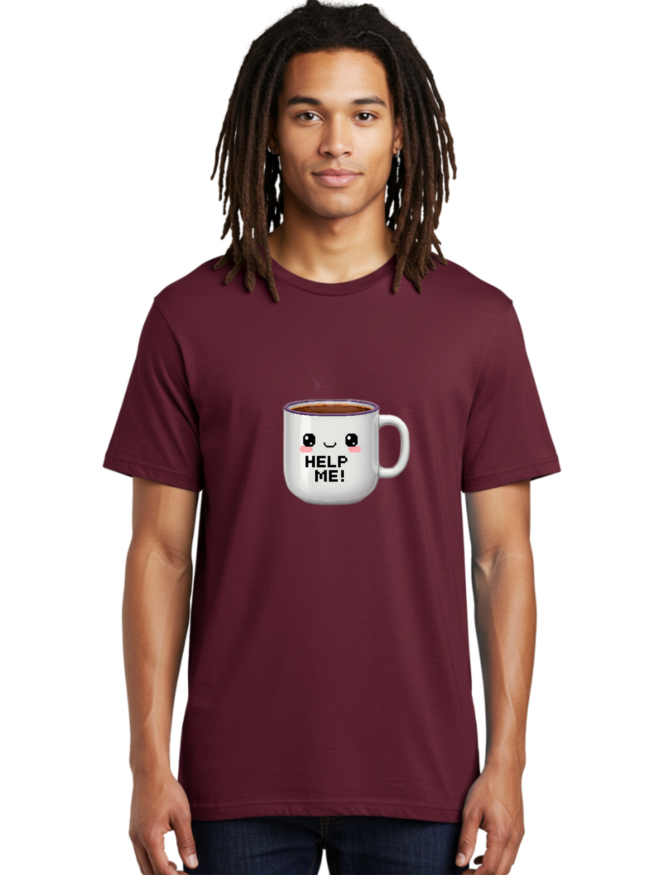 Help-Me-2 Men'S Graphic Tee, 100% Cotton, Comfortable Casual Summer Wear, Machine Washable, Funny Coffee Mug, Cartoon Style, Coffee Cup With Face, Humorous Design, Cute Character, Help Me! Text, Coffee Lover Gift Bac042 25
