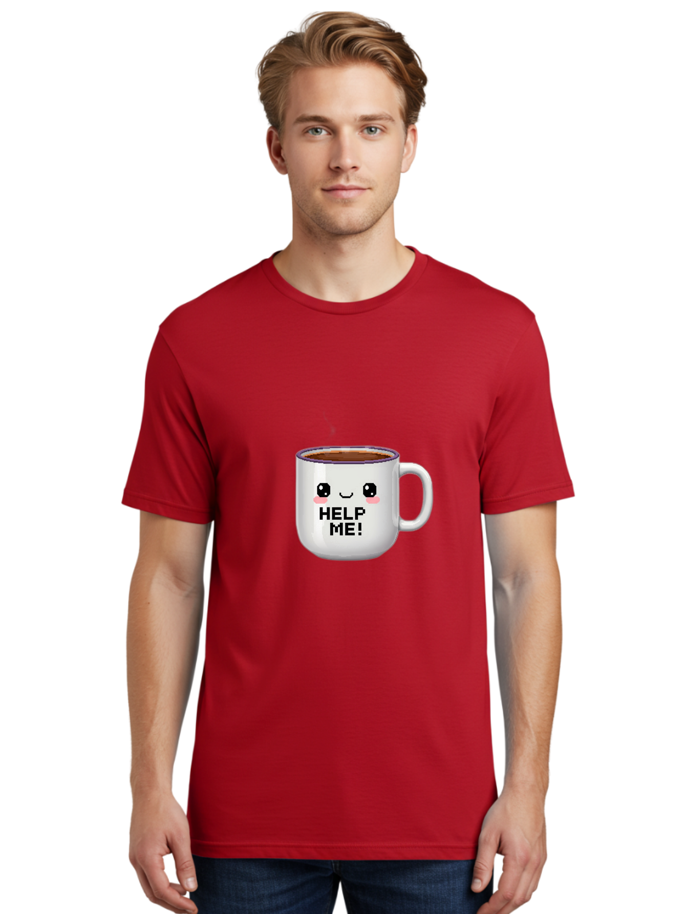 Help-Me-2 Men'S Graphic Tee, 100% Cotton, Comfortable Casual Summer Wear, Machine Washable, Funny Coffee Mug, Cartoon Style, Coffee Cup With Face, Humorous Design, Cute Character, Help Me! Text, Coffee Lover Gift Bac042 18