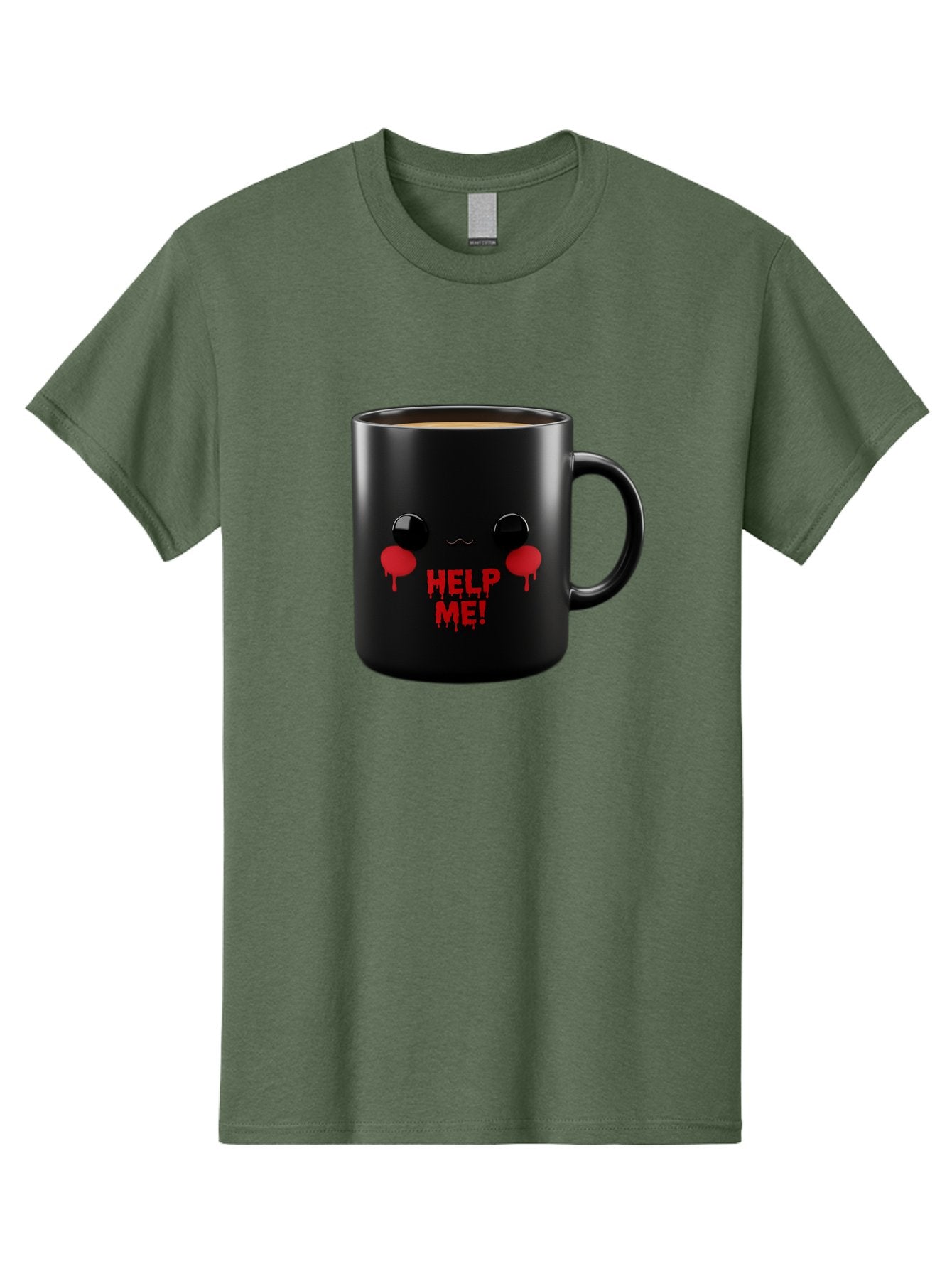 Help-Me-3 Men'S Graphic Tee, 100% Cotton, Comfortable Casual Summer Wear, Machine Washable, Black Coffee Mug, Cartoon Face, Red Tears, Distressed Design, Creepy Humor, Bold Graphics, Funny Mugs, Novelty Coffee Cups, Quirky Gifts, Eerie Decor Bac043