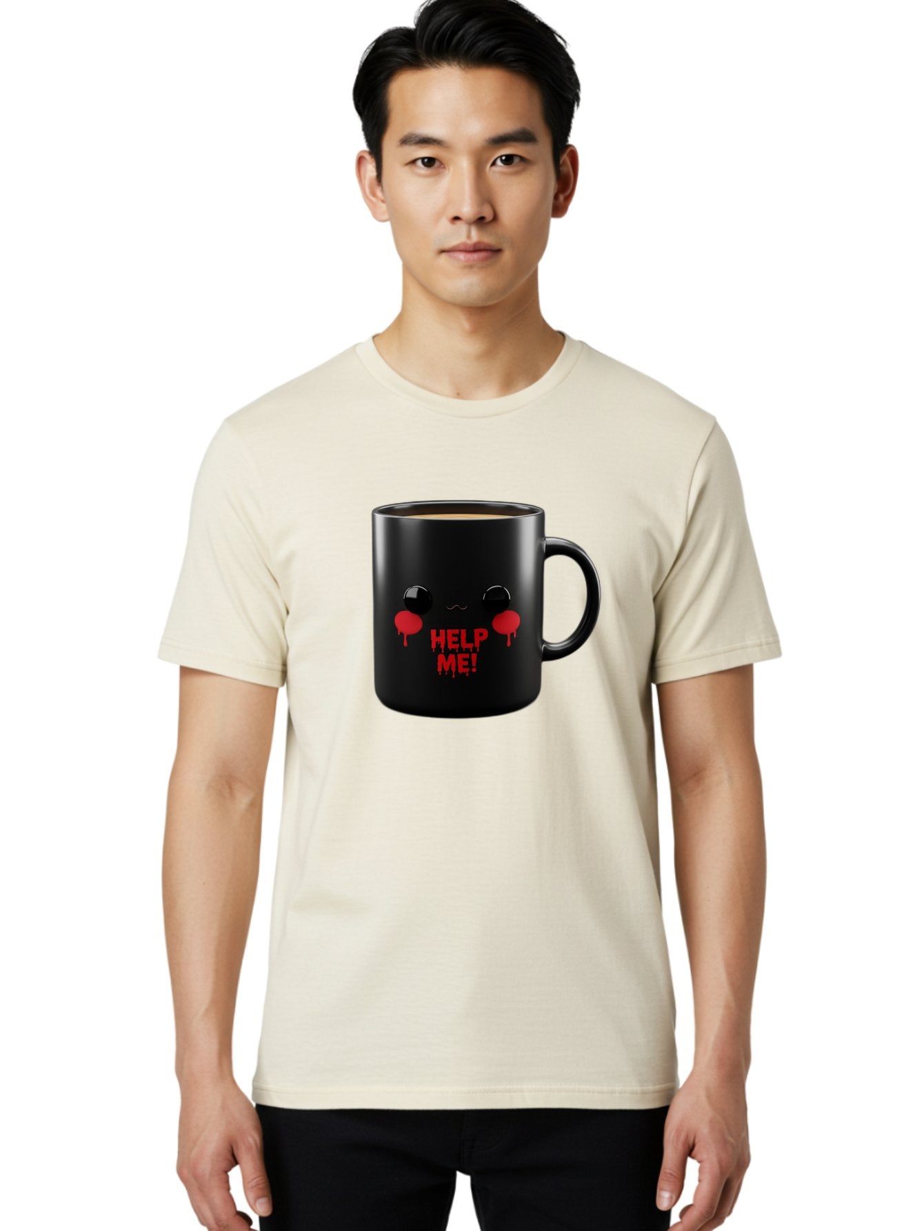 Help-Me-3 Men'S Graphic Tee, 100% Cotton, Comfortable Casual Summer Wear, Machine Washable, Black Coffee Mug, Cartoon Face, Red Tears, Distressed Design, Creepy Humor, Bold Graphics, Funny Mugs, Novelty Coffee Cups, Quirky Gifts, Eerie Decor Bac043 30