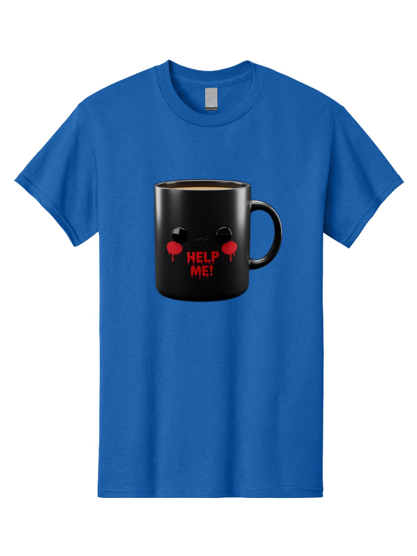 Help-Me-3 Men'S Graphic Tee, 100% Cotton, Comfortable Casual Summer Wear, Machine Washable, Black Coffee Mug, Cartoon Face, Red Tears, Distressed Design, Creepy Humor, Bold Graphics, Funny Mugs, Novelty Coffee Cups, Quirky Gifts, Eerie Decor Bac043