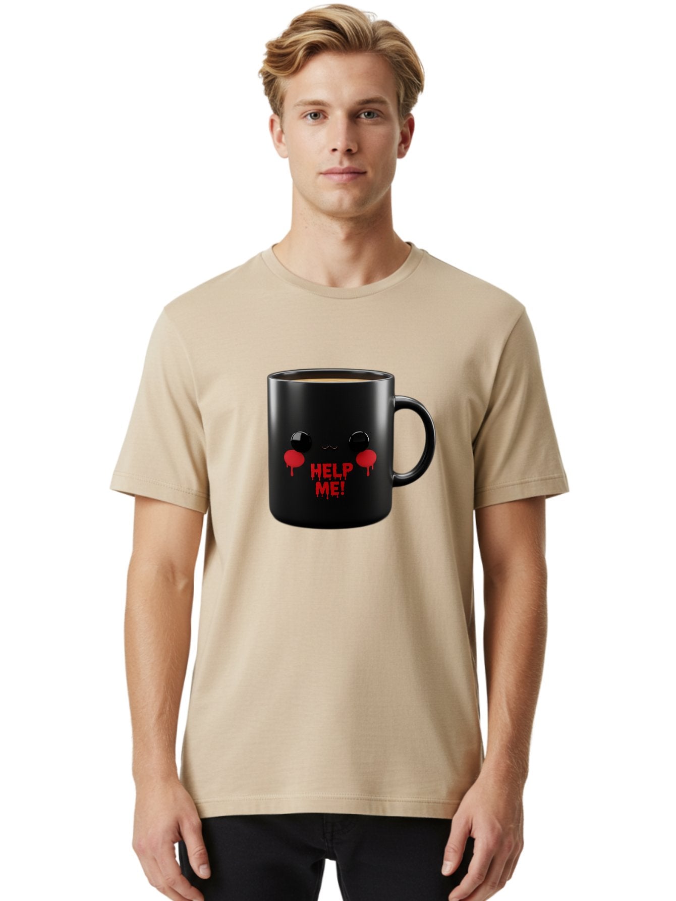 Help-Me-3 Men'S Graphic Tee, 100% Cotton, Comfortable Casual Summer Wear, Machine Washable, Black Coffee Mug, Cartoon Face, Red Tears, Distressed Design, Creepy Humor, Bold Graphics, Funny Mugs, Novelty Coffee Cups, Quirky Gifts, Eerie Decor Bac043 27