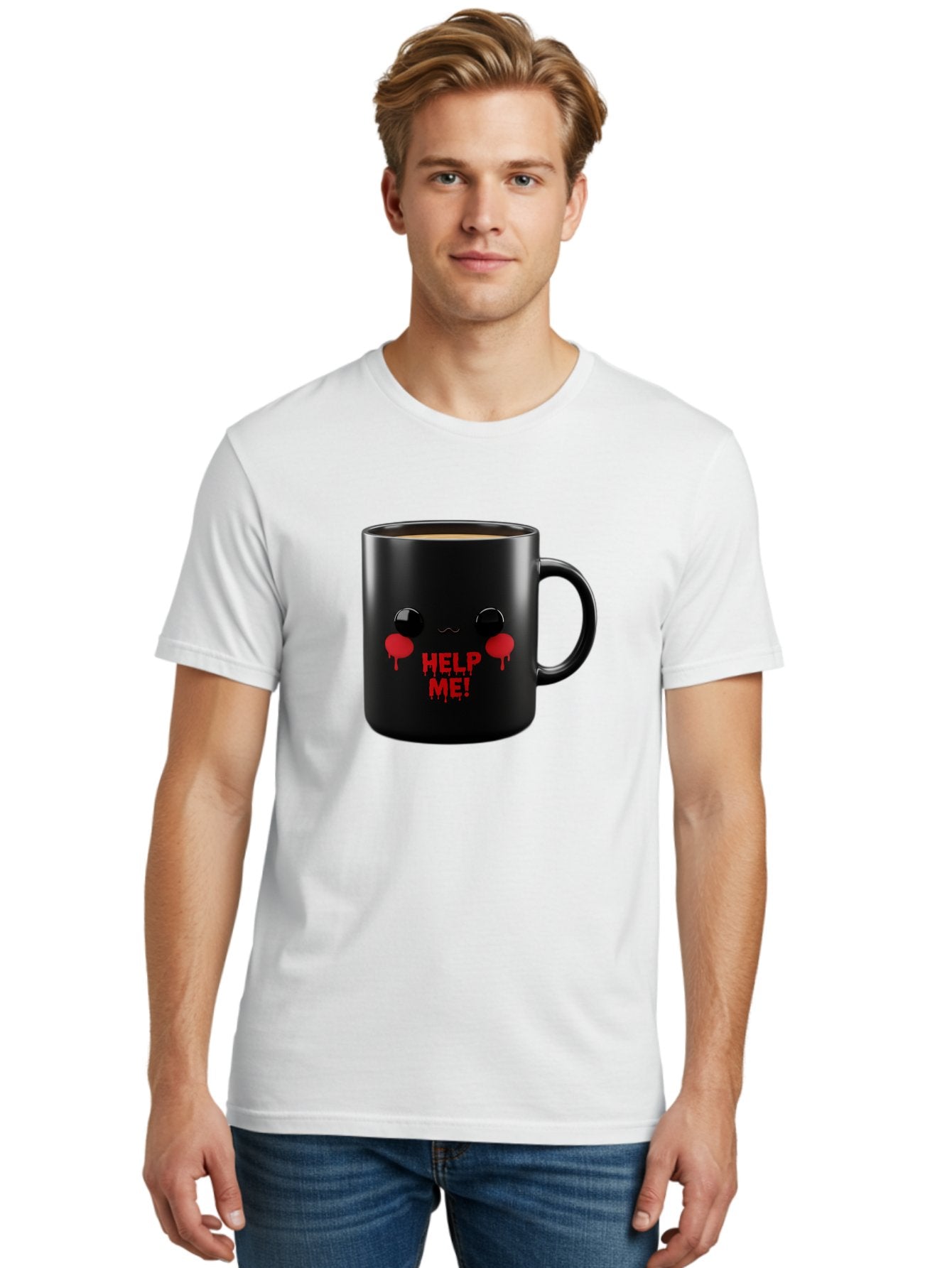 Help-Me-3 Men'S Graphic Tee, 100% Cotton, Comfortable Casual Summer Wear, Machine Washable, Black Coffee Mug, Cartoon Face, Red Tears, Distressed Design, Creepy Humor, Bold Graphics, Funny Mugs, Novelty Coffee Cups, Quirky Gifts, Eerie Decor Bac043 20