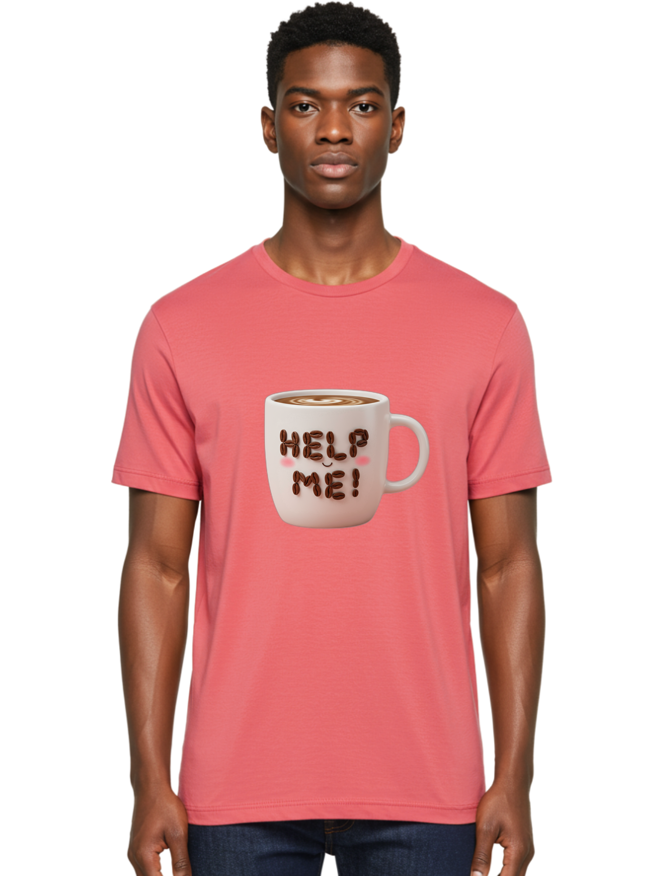 Help-Me-5 Men'S Graphic Tee, 100% Cotton, Comfortable Casual Summer Wear, Machine Washable, Coffee Mug With Coffee Beans Spelling Help Me!, Cute Coffee Cup, Coffee Lover Gift, Coffee Humor, Latte Art, Morning Coffee, Coffee Break Bac045 30