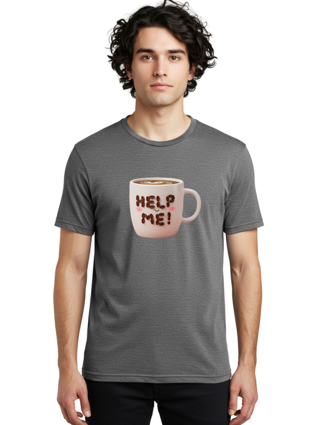 Help-Me-5 Men'S Graphic Tee, 100% Cotton, Comfortable Casual Summer Wear, Machine Washable, Coffee Mug With Coffee Beans Spelling Help Me!, Cute Coffee Cup, Coffee Lover Gift, Coffee Humor, Latte Art, Morning Coffee, Coffee Break Bac045 28