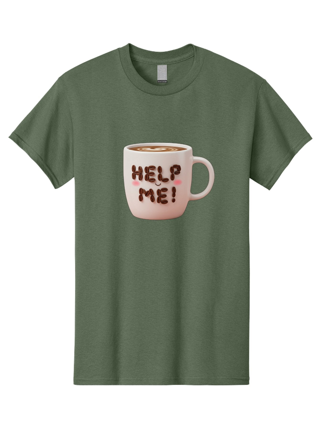 Help-Me-5 Men'S Graphic Tee, 100% Cotton, Comfortable Casual Summer Wear, Machine Washable, Coffee Mug With Coffee Beans Spelling Help Me!, Cute Coffee Cup, Coffee Lover Gift, Coffee Humor, Latte Art, Morning Coffee, Coffee Break Bac045