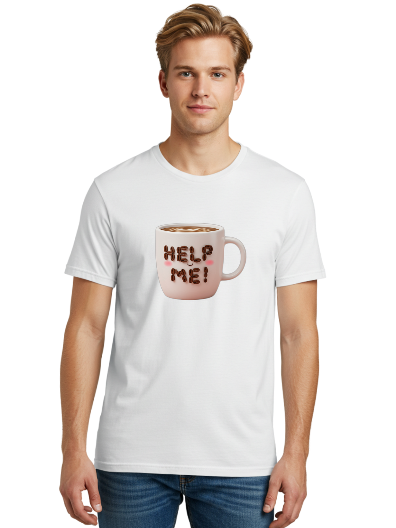 Help-Me-5 Men'S Graphic Tee, 100% Cotton, Comfortable Casual Summer Wear, Machine Washable, Coffee Mug With Coffee Beans Spelling Help Me!, Cute Coffee Cup, Coffee Lover Gift, Coffee Humor, Latte Art, Morning Coffee, Coffee Break Bac045 29