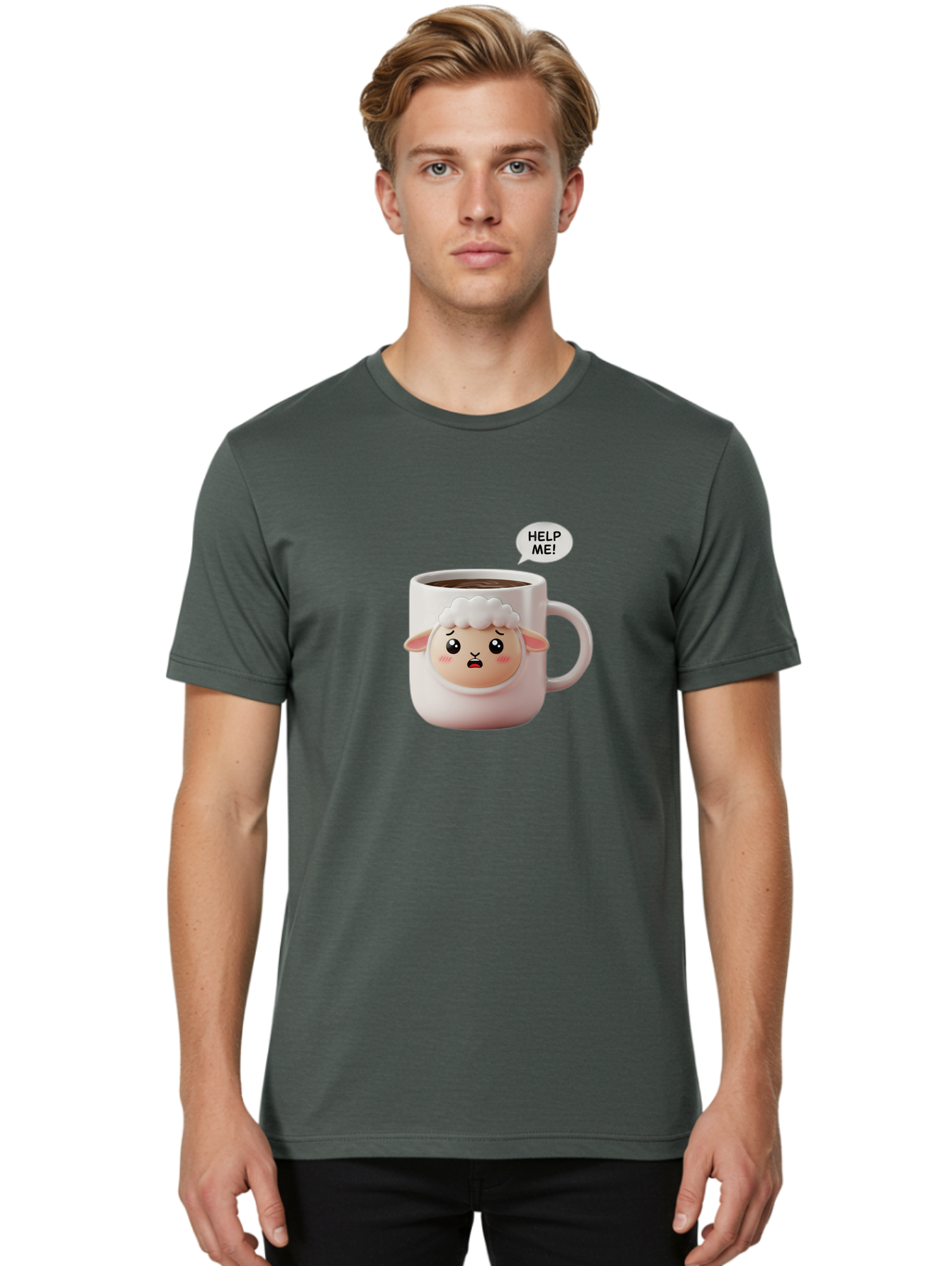 Help-Me-6 Men'S Graphic Tee, 100% Cotton, Comfortable Casual Summer Wear, Machine Washable, Sheep Mug, Coffee Cup, Helping Hand, Distressed Lamb, Cute Cartoon Character, Funny Meme, Adorable Design, Coffee Lover Gift, Quirky Humor, Sheep Face, Bac046 20