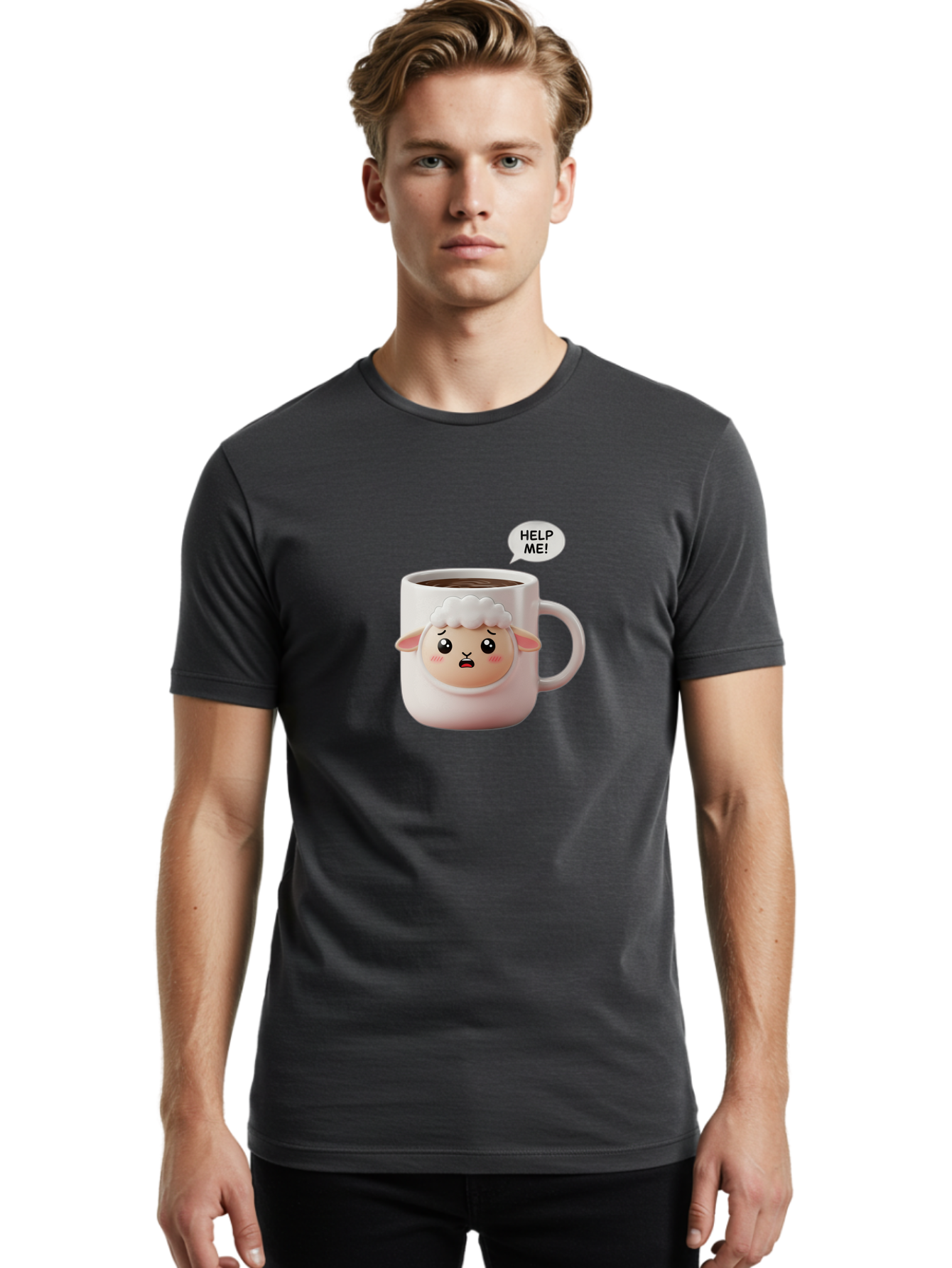 Help-Me-6 Men'S Graphic Tee, 100% Cotton, Comfortable Casual Summer Wear, Machine Washable, Sheep Mug, Coffee Cup, Helping Hand, Distressed Lamb, Cute Cartoon Character, Funny Meme, Adorable Design, Coffee Lover Gift, Quirky Humor, Sheep Face, Bac046 28