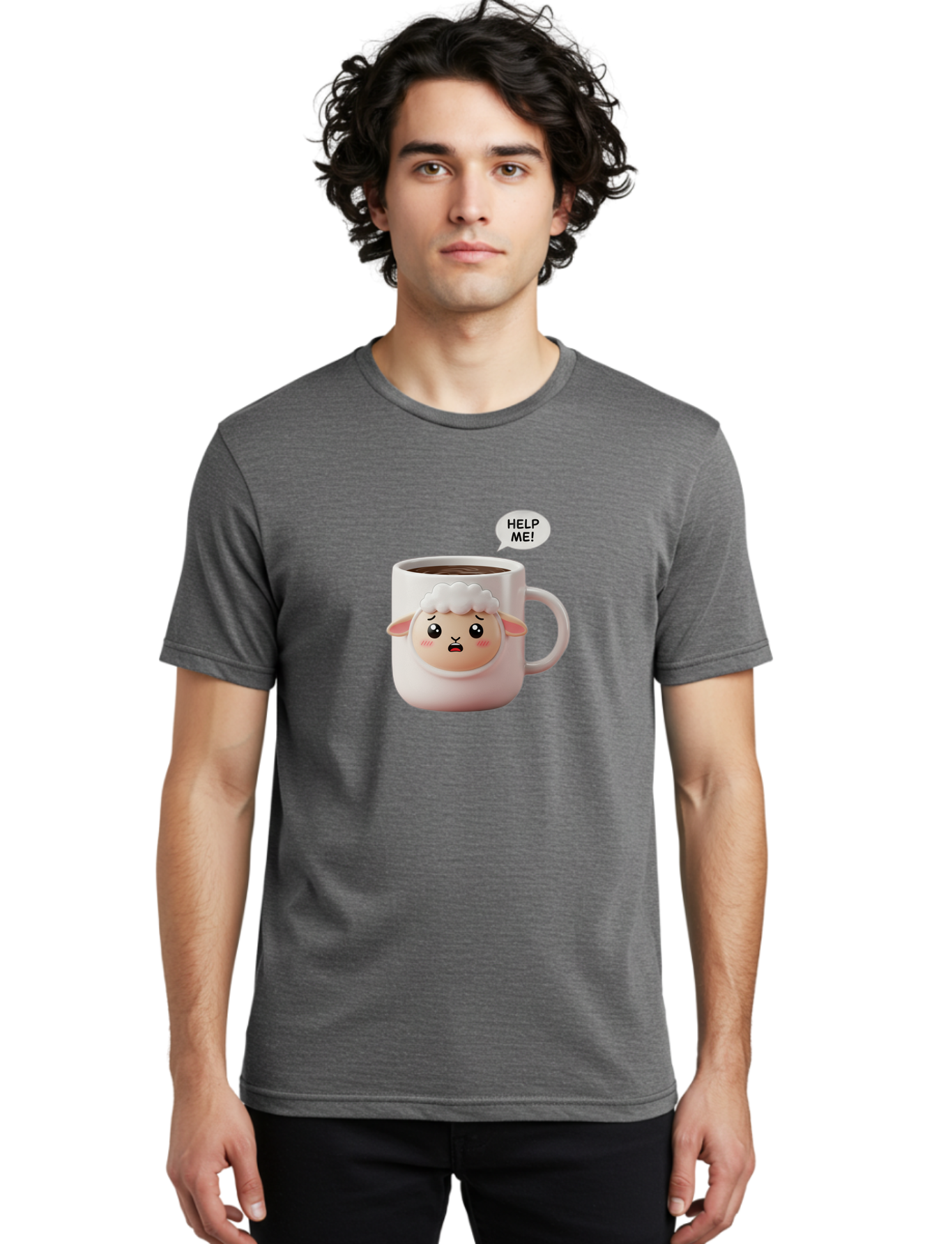 Help-Me-6 Men'S Graphic Tee, 100% Cotton, Comfortable Casual Summer Wear, Machine Washable, Sheep Mug, Coffee Cup, Helping Hand, Distressed Lamb, Cute Cartoon Character, Funny Meme, Adorable Design, Coffee Lover Gift, Quirky Humor, Sheep Face, Bac046 24