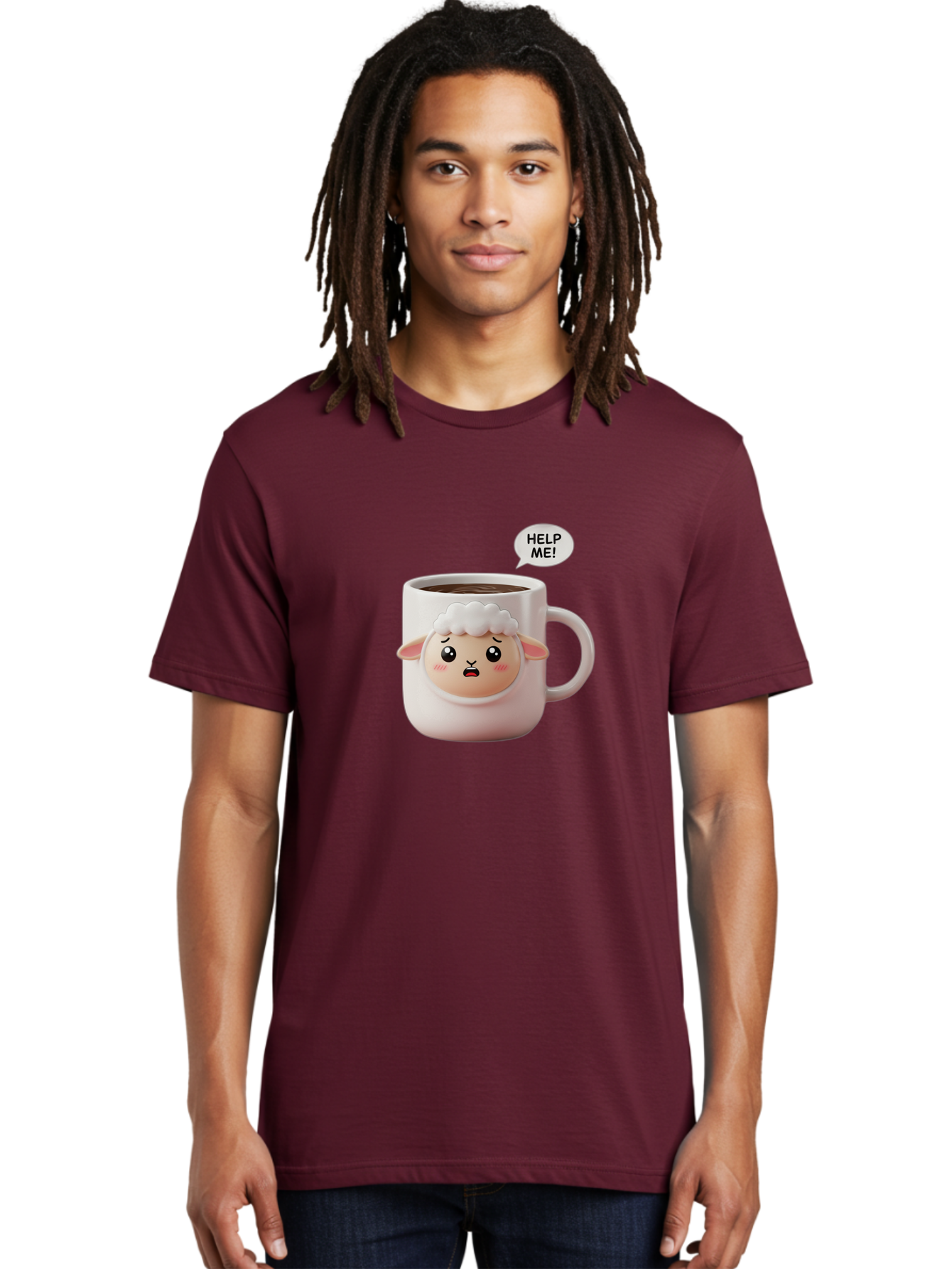 Help-Me-6 Men'S Graphic Tee, 100% Cotton, Comfortable Casual Summer Wear, Machine Washable, Sheep Mug, Coffee Cup, Helping Hand, Distressed Lamb, Cute Cartoon Character, Funny Meme, Adorable Design, Coffee Lover Gift, Quirky Humor, Sheep Face, Bac046 16