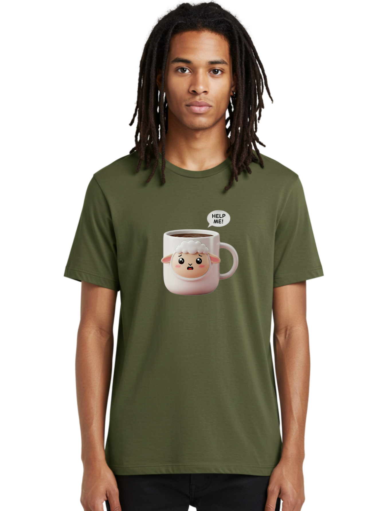 Help-Me-6 Men'S Graphic Tee, 100% Cotton, Comfortable Casual Summer Wear, Machine Washable, Sheep Mug, Coffee Cup, Helping Hand, Distressed Lamb, Cute Cartoon Character, Funny Meme, Adorable Design, Coffee Lover Gift, Quirky Humor, Sheep Face, Bac046 21