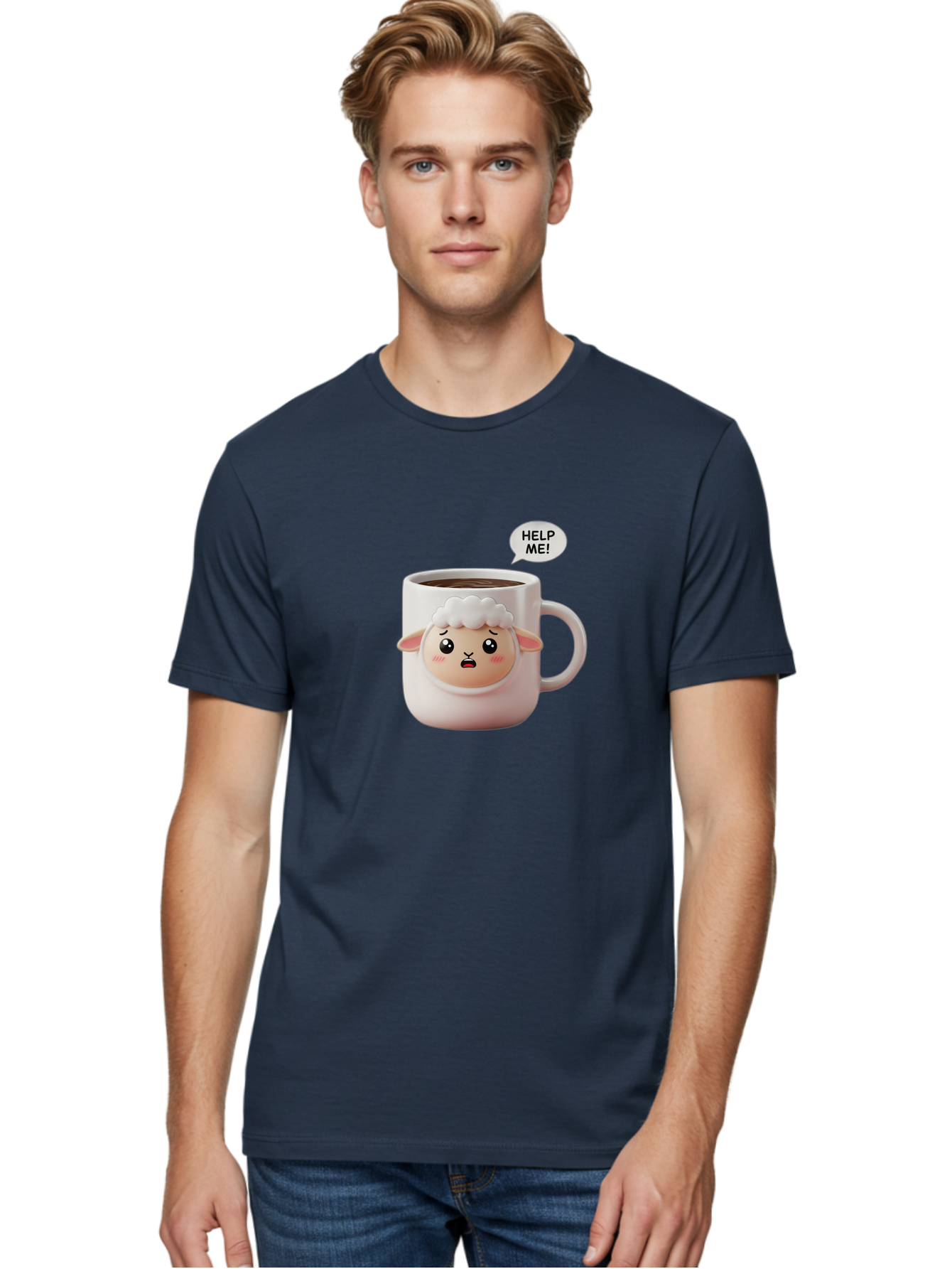 Help-Me-6 Men'S Graphic Tee, 100% Cotton, Comfortable Casual Summer Wear, Machine Washable, Sheep Mug, Coffee Cup, Helping Hand, Distressed Lamb, Cute Cartoon Character, Funny Meme, Adorable Design, Coffee Lover Gift, Quirky Humor, Sheep Face, Bac046 27