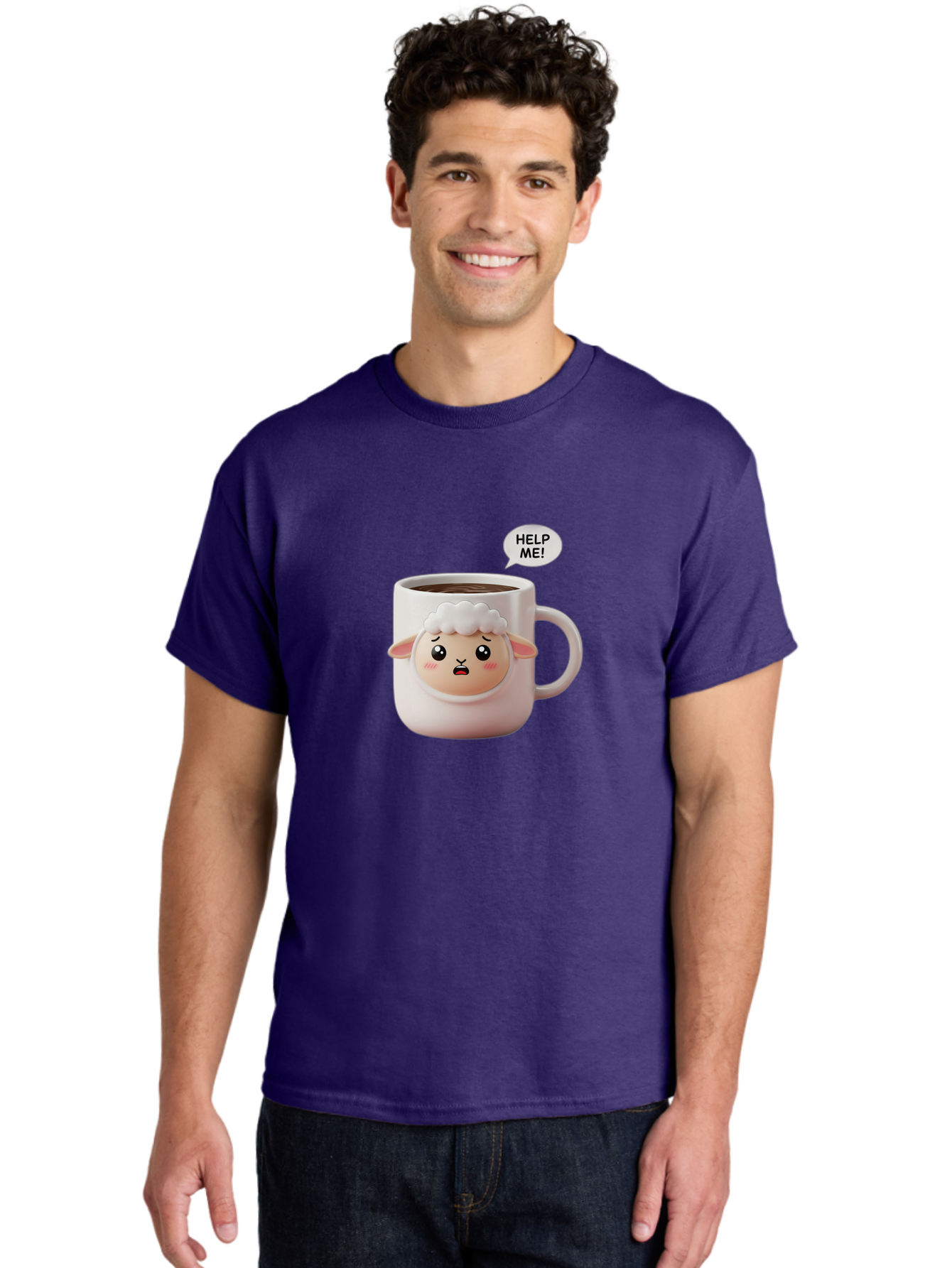 Help-Me-6 Men'S Graphic Tee, 100% Cotton, Comfortable Casual Summer Wear, Machine Washable, Sheep Mug, Coffee Cup, Helping Hand, Distressed Lamb, Cute Cartoon Character, Funny Meme, Adorable Design, Coffee Lover Gift, Quirky Humor, Sheep Face, Bac046 29