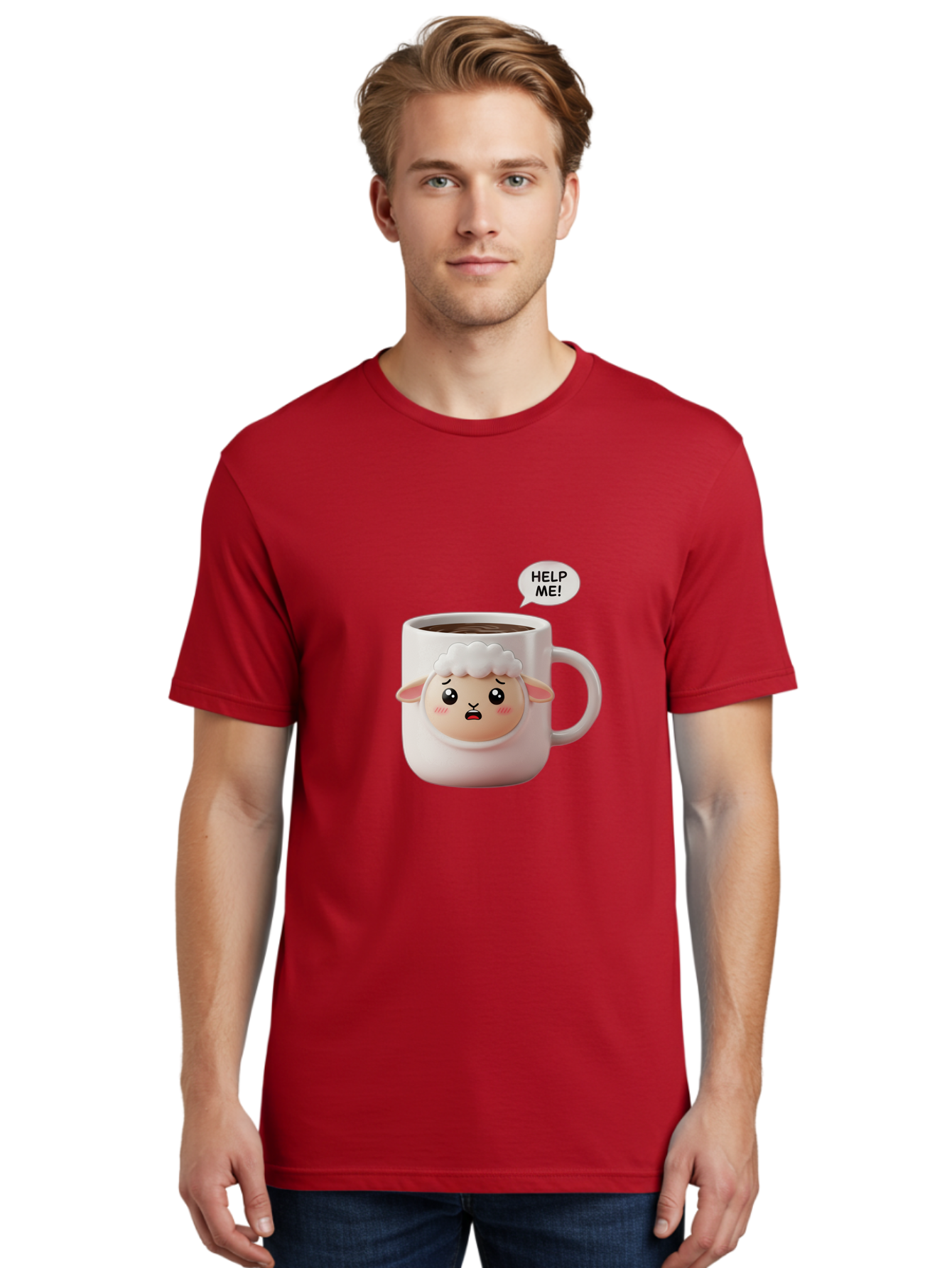 Help-Me-6 Men'S Graphic Tee, 100% Cotton, Comfortable Casual Summer Wear, Machine Washable, Sheep Mug, Coffee Cup, Helping Hand, Distressed Lamb, Cute Cartoon Character, Funny Meme, Adorable Design, Coffee Lover Gift, Quirky Humor, Sheep Face, Bac046 22