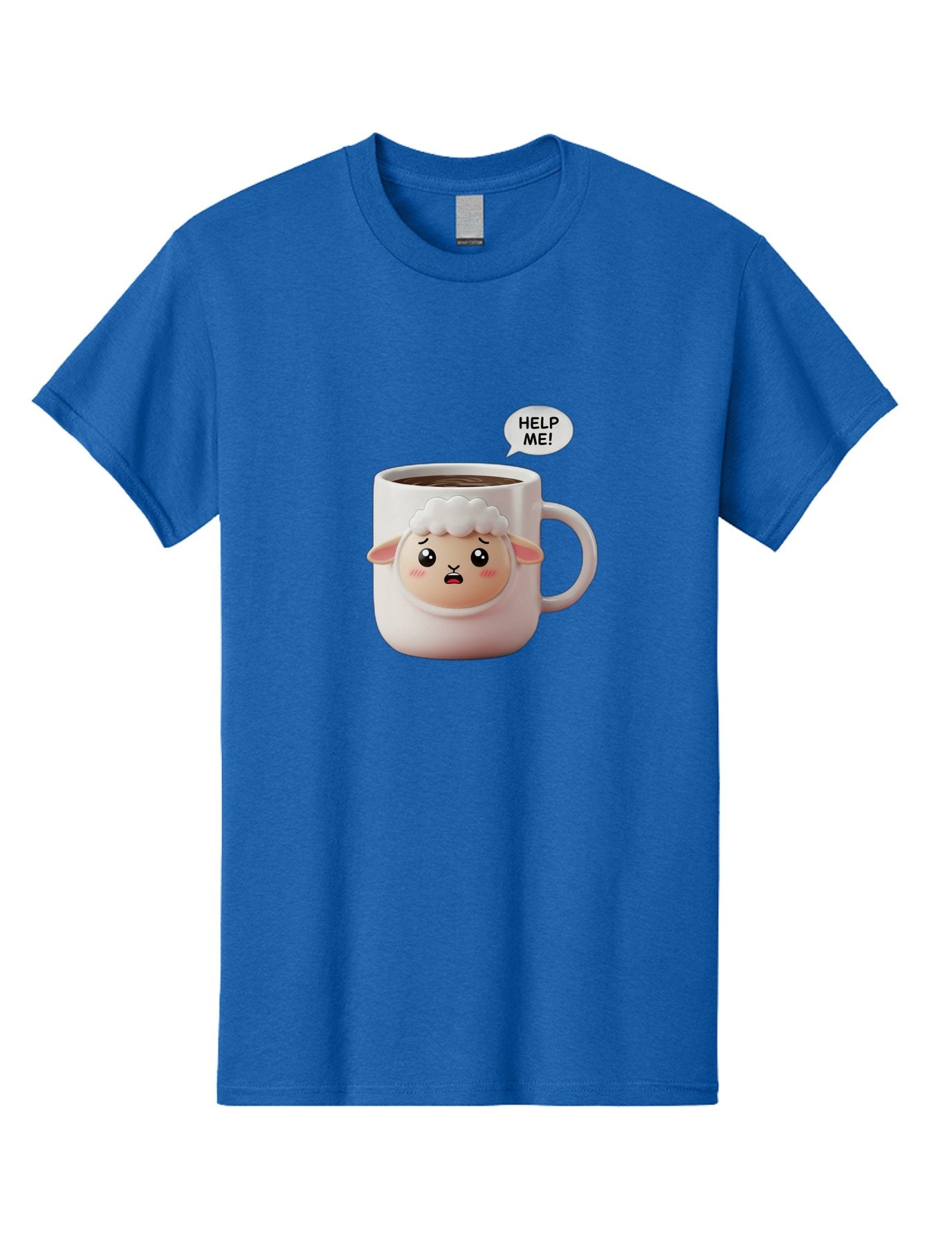 Help-Me-6 Men'S Graphic Tee, 100% Cotton, Comfortable Casual Summer Wear, Machine Washable, Sheep Mug, Coffee Cup, Helping Hand, Distressed Lamb, Cute Cartoon Character, Funny Meme, Adorable Design, Coffee Lover Gift, Quirky Humor, Sheep Face, Bac046
