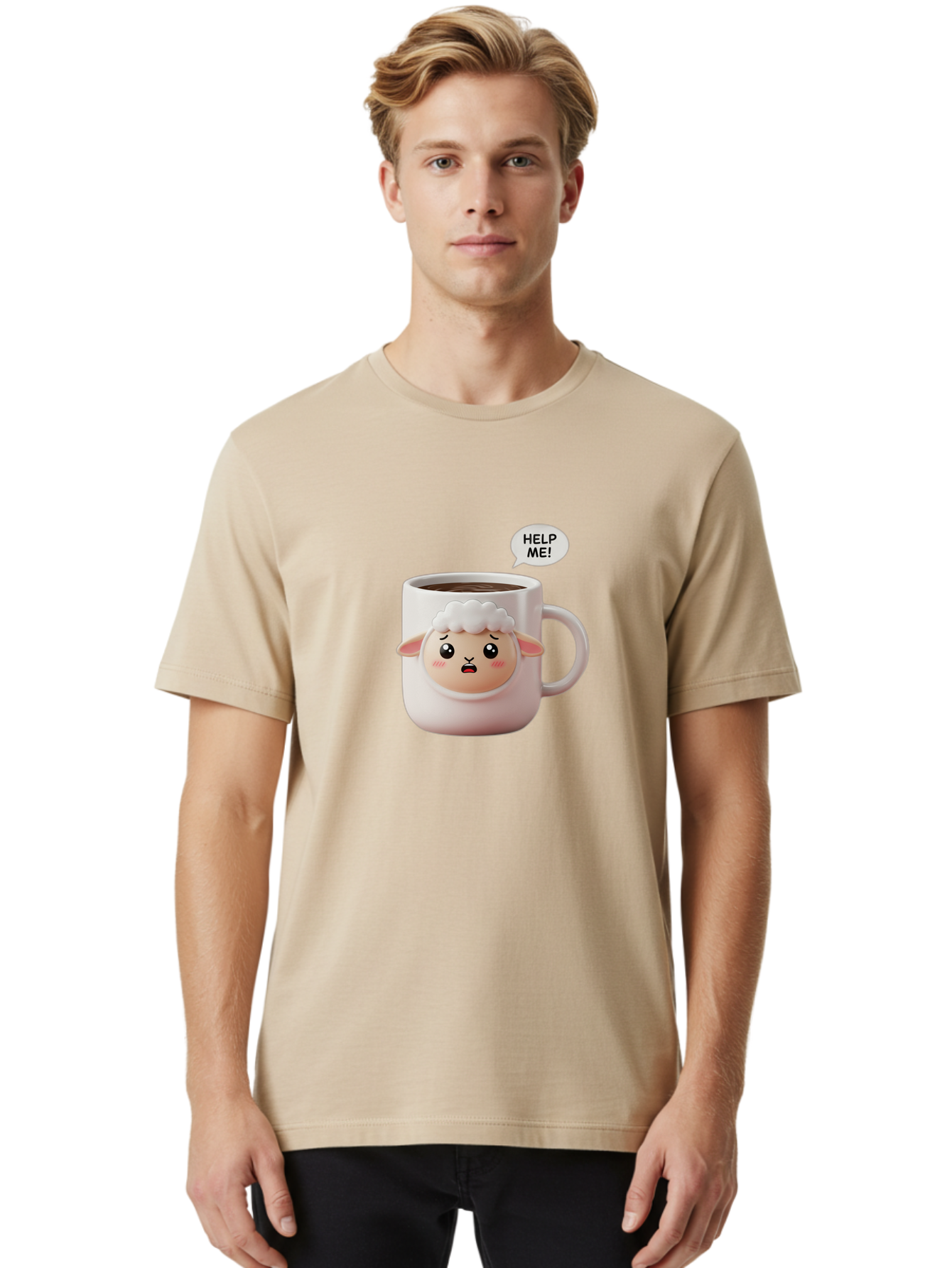 Help-Me-6 Men'S Graphic Tee, 100% Cotton, Comfortable Casual Summer Wear, Machine Washable, Sheep Mug, Coffee Cup, Helping Hand, Distressed Lamb, Cute Cartoon Character, Funny Meme, Adorable Design, Coffee Lover Gift, Quirky Humor, Sheep Face, Bac046 19