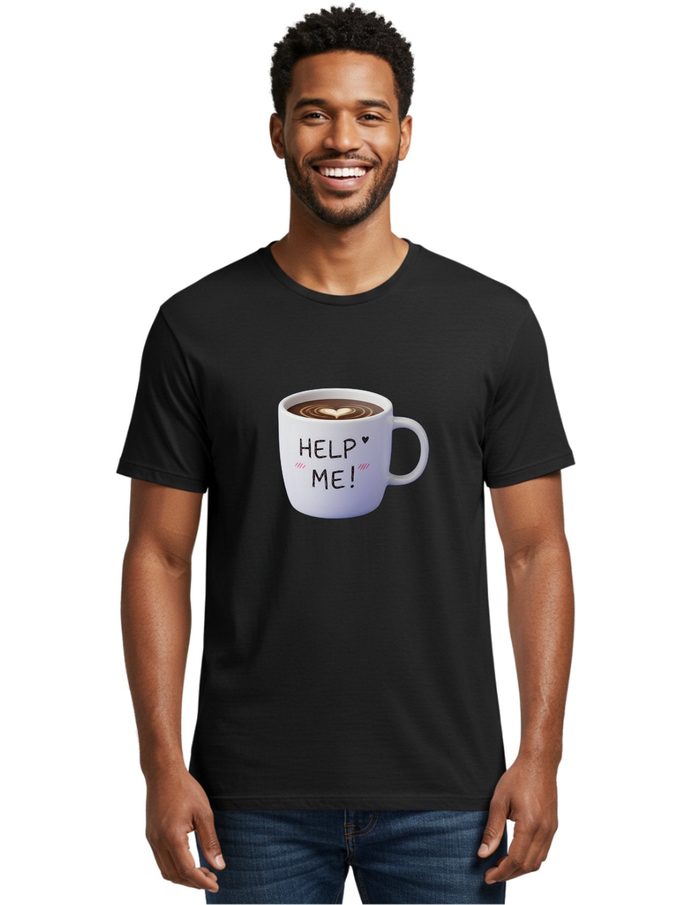 Help-Me-7 Men'S Graphic Tee, 100% Cotton, Comfortable Casual Summer Wear, Machine Washable, Coffee Mug With Heart Design, Coffee Art, 'Help Me' Text, Latte Art, Coffee Culture, Morning Pick-Me-Up, Coffee Love, Daily Grind Bac047 22