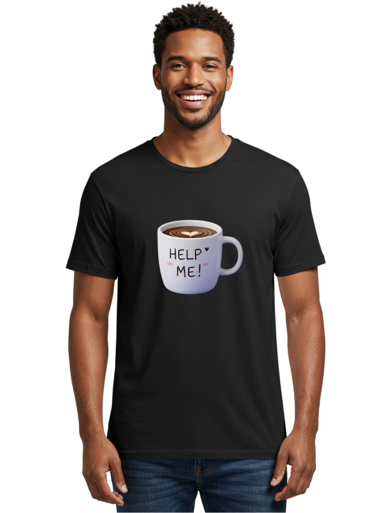 Help-Me-7 Men'S Graphic Tee, 100% Cotton, Comfortable Casual Summer Wear, Machine Washable, Coffee Mug With Heart Design, Coffee Art, 'Help Me' Text, Latte Art, Coffee Culture, Morning Pick-Me-Up, Coffee Love, Daily Grind Bac047 24
