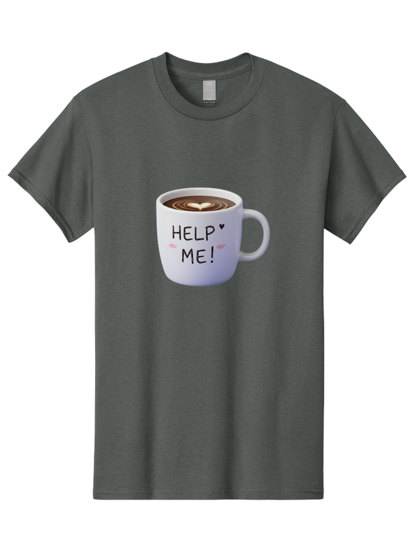 Help-Me-7 Men'S Graphic Tee, 100% Cotton, Comfortable Casual Summer Wear, Machine Washable, Coffee Mug With Heart Design, Coffee Art, 'Help Me' Text, Latte Art, Coffee Culture, Morning Pick-Me-Up, Coffee Love, Daily Grind Bac047