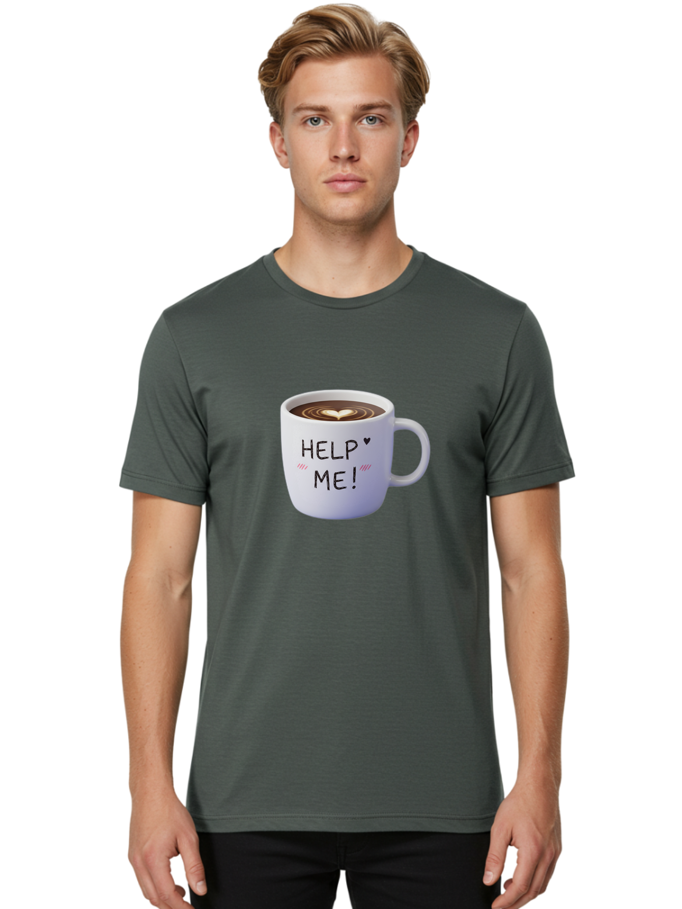 Help-Me-7 Men'S Graphic Tee, 100% Cotton, Comfortable Casual Summer Wear, Machine Washable, Coffee Mug With Heart Design, Coffee Art, 'Help Me' Text, Latte Art, Coffee Culture, Morning Pick-Me-Up, Coffee Love, Daily Grind Bac047 17