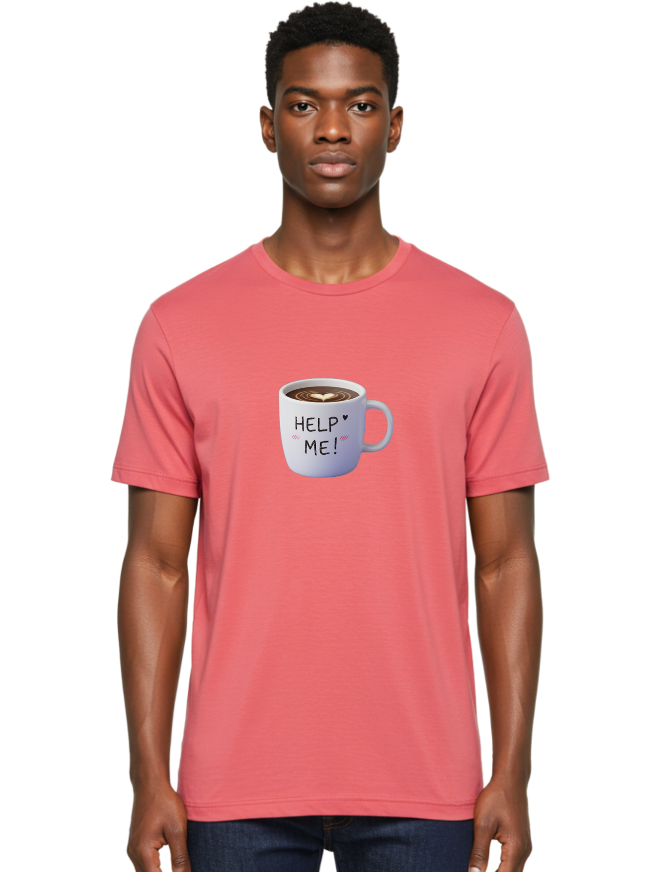 Help-Me-7 Men'S Graphic Tee, 100% Cotton, Comfortable Casual Summer Wear, Machine Washable, Coffee Mug With Heart Design, Coffee Art, 'Help Me' Text, Latte Art, Coffee Culture, Morning Pick-Me-Up, Coffee Love, Daily Grind Bac047 23