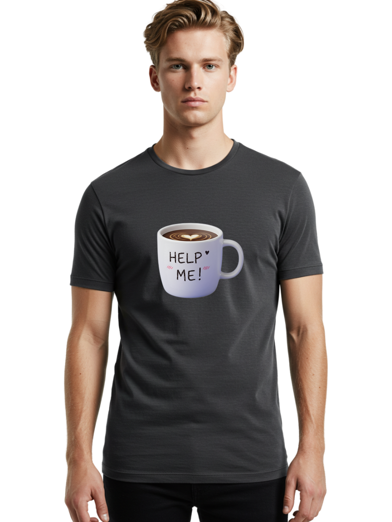 Help-Me-7 Men'S Graphic Tee, 100% Cotton, Comfortable Casual Summer Wear, Machine Washable, Coffee Mug With Heart Design, Coffee Art, 'Help Me' Text, Latte Art, Coffee Culture, Morning Pick-Me-Up, Coffee Love, Daily Grind Bac047 20
