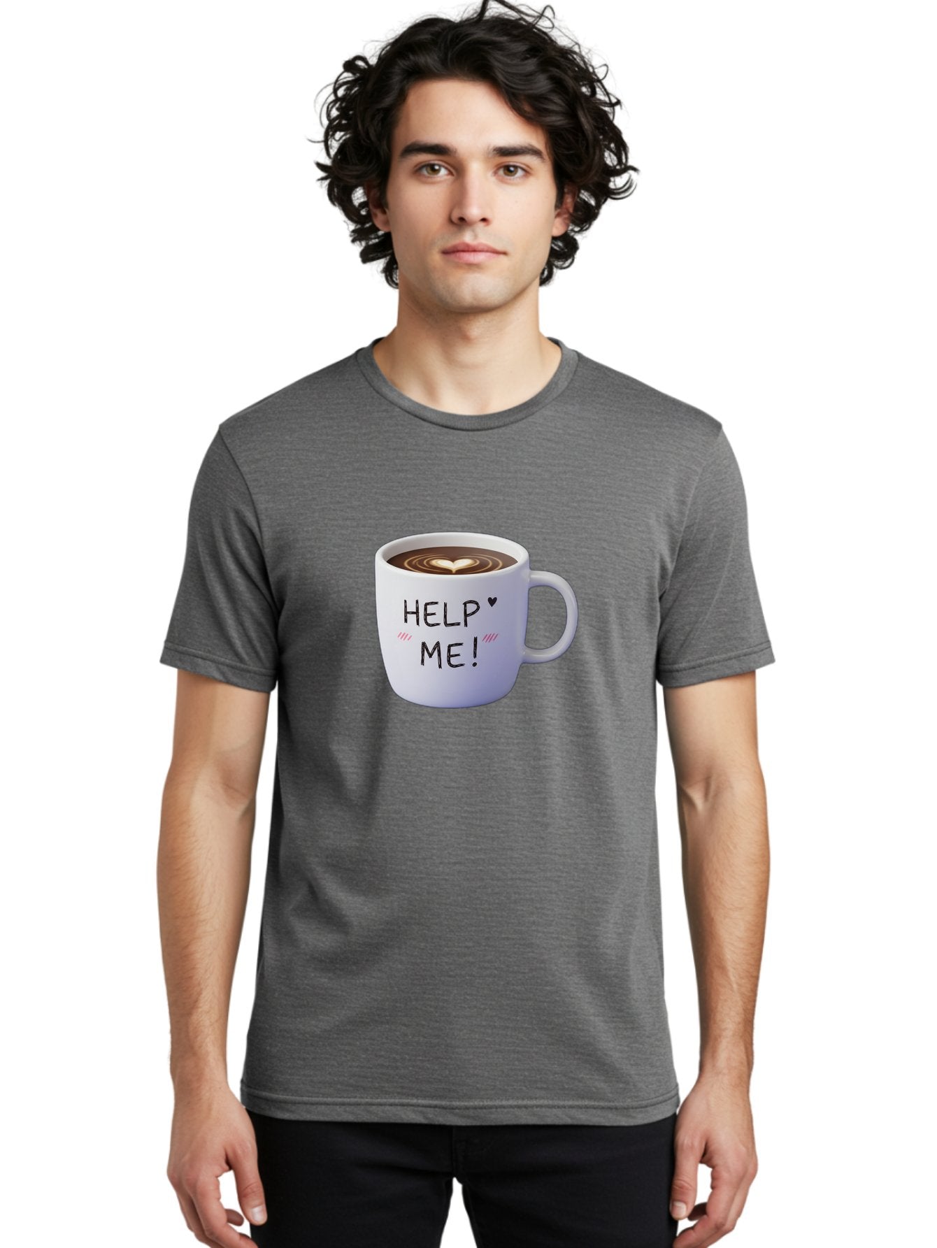 Help-Me-7 Men'S Graphic Tee, 100% Cotton, Comfortable Casual Summer Wear, Machine Washable, Coffee Mug With Heart Design, Coffee Art, 'Help Me' Text, Latte Art, Coffee Culture, Morning Pick-Me-Up, Coffee Love, Daily Grind Bac047 28