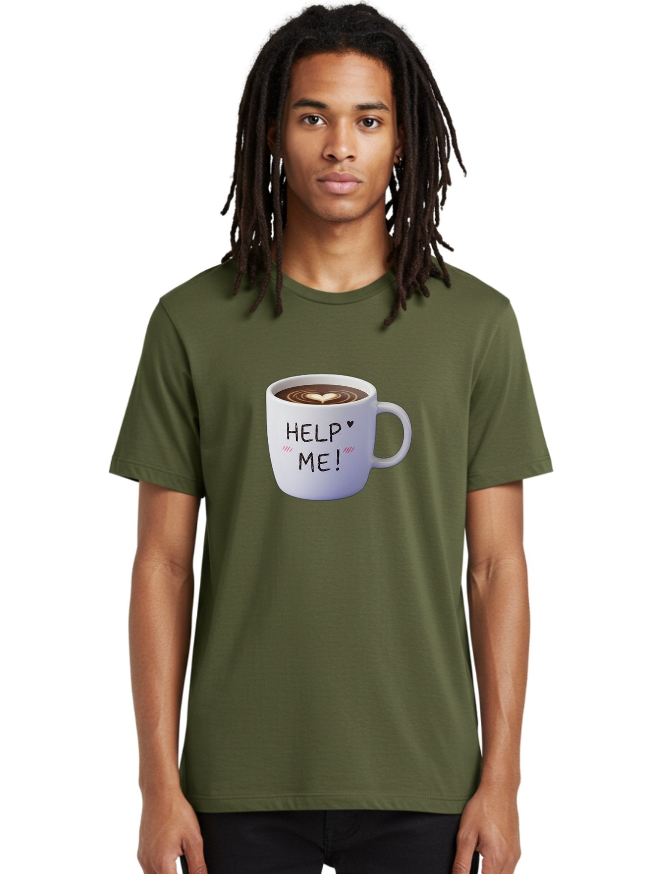 Help-Me-7 Men'S Graphic Tee, 100% Cotton, Comfortable Casual Summer Wear, Machine Washable, Coffee Mug With Heart Design, Coffee Art, 'Help Me' Text, Latte Art, Coffee Culture, Morning Pick-Me-Up, Coffee Love, Daily Grind Bac047 27