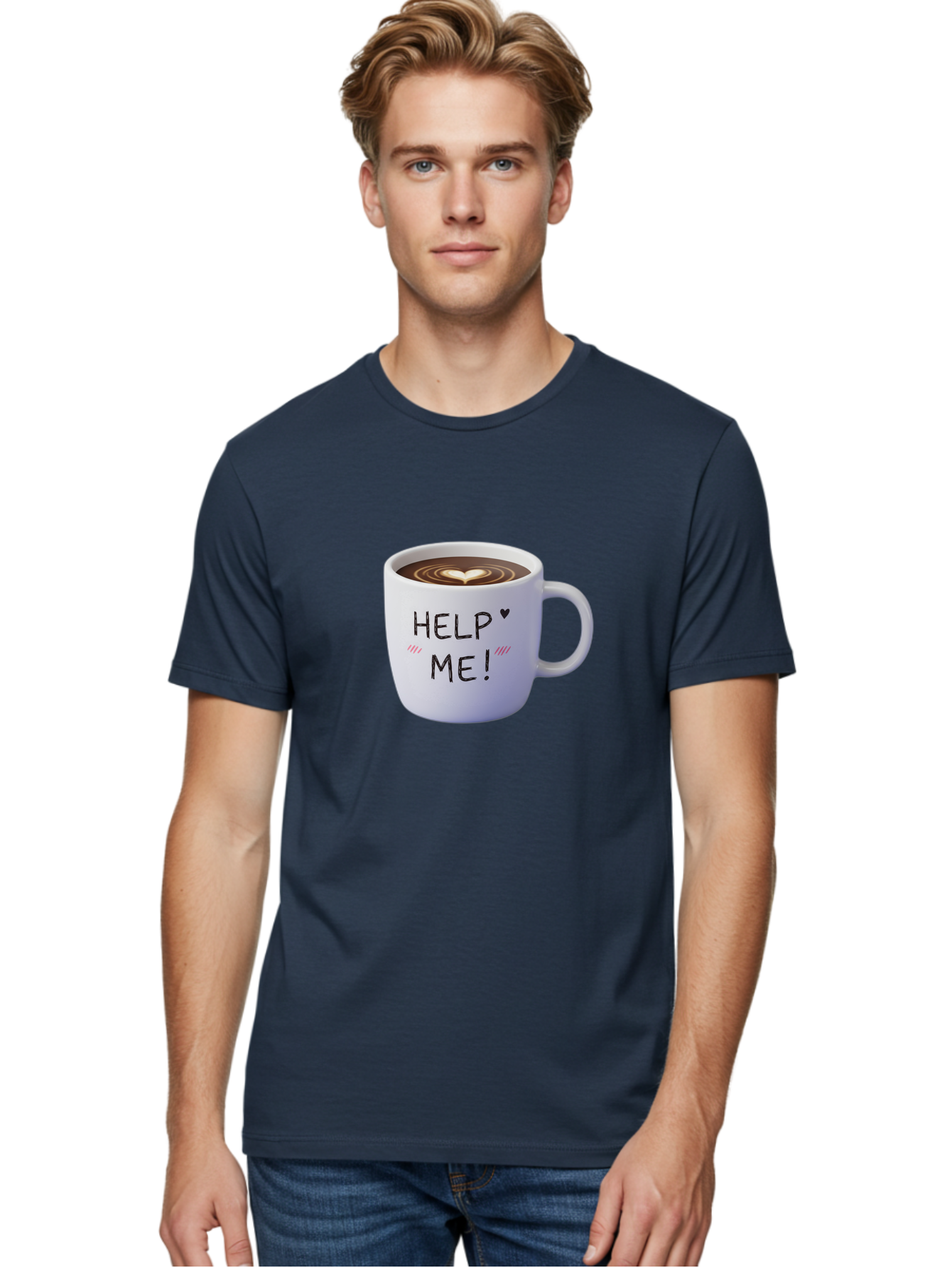 Help-Me-7 Men'S Graphic Tee, 100% Cotton, Comfortable Casual Summer Wear, Machine Washable, Coffee Mug With Heart Design, Coffee Art, 'Help Me' Text, Latte Art, Coffee Culture, Morning Pick-Me-Up, Coffee Love, Daily Grind Bac047 26