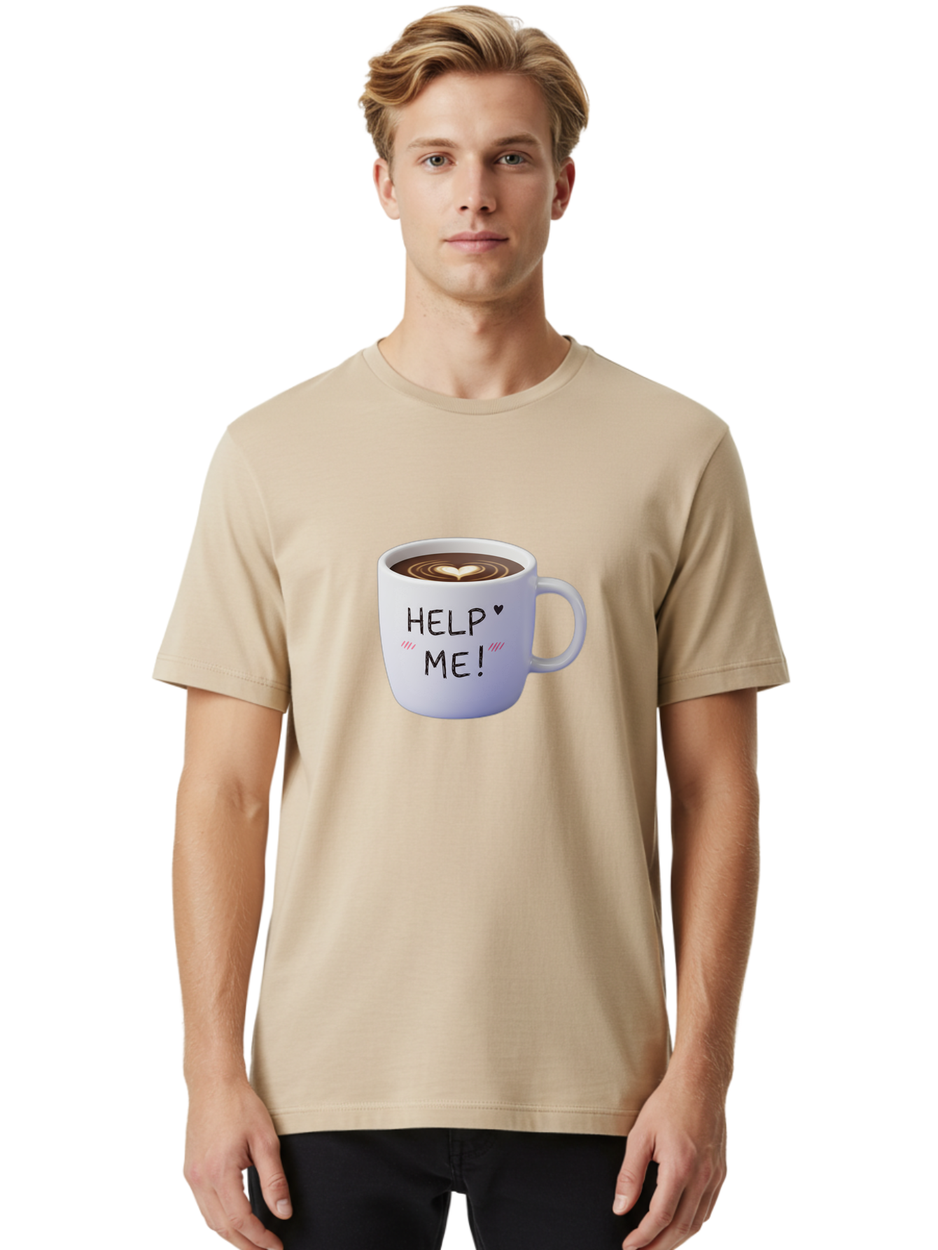 Help-Me-7 Men'S Graphic Tee, 100% Cotton, Comfortable Casual Summer Wear, Machine Washable, Coffee Mug With Heart Design, Coffee Art, 'Help Me' Text, Latte Art, Coffee Culture, Morning Pick-Me-Up, Coffee Love, Daily Grind Bac047 30