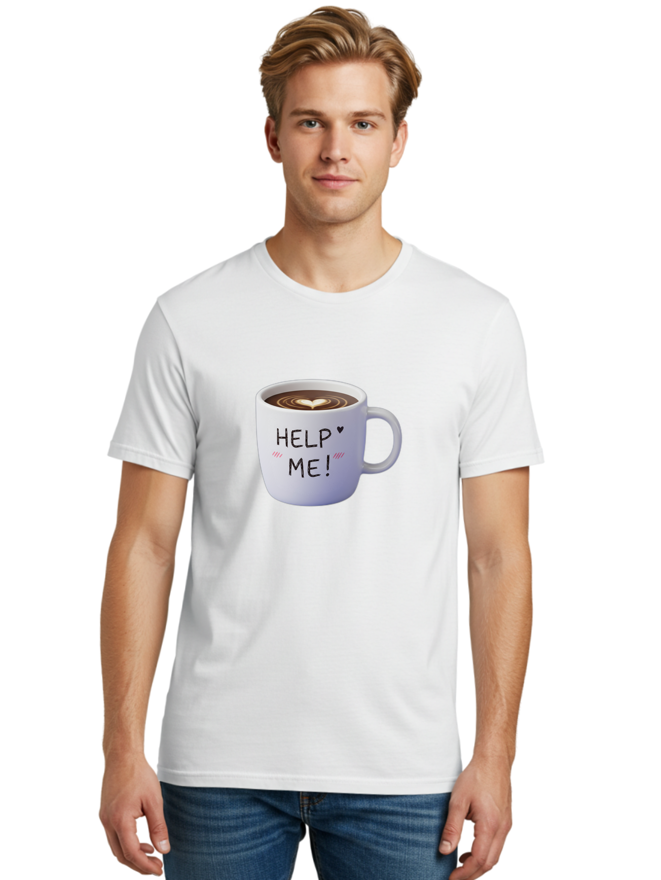 Help-Me-7 Men'S Graphic Tee, 100% Cotton, Comfortable Casual Summer Wear, Machine Washable, Coffee Mug With Heart Design, Coffee Art, 'Help Me' Text, Latte Art, Coffee Culture, Morning Pick-Me-Up, Coffee Love, Daily Grind Bac047 21