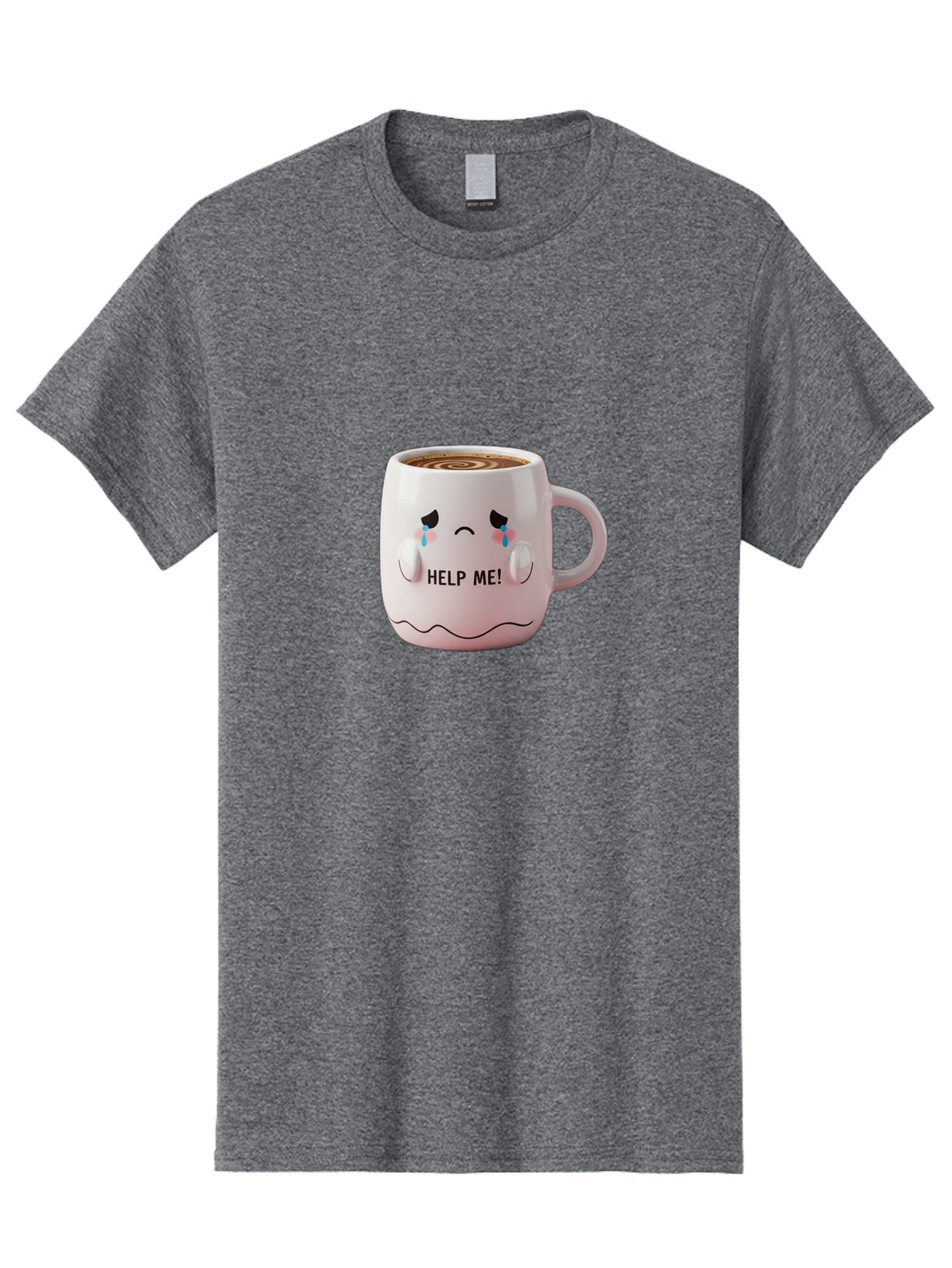 Help-Me-8 Men'S Graphic Tee, 100% Cotton, Comfortable Casual Summer Wear, Machine Washable, Sad Coffee Mug, Crying Face Design, Coffee Drink, Emotional Expression, Distressed Emotions, Quirky Humor, Funny Coffee Culture Bac048