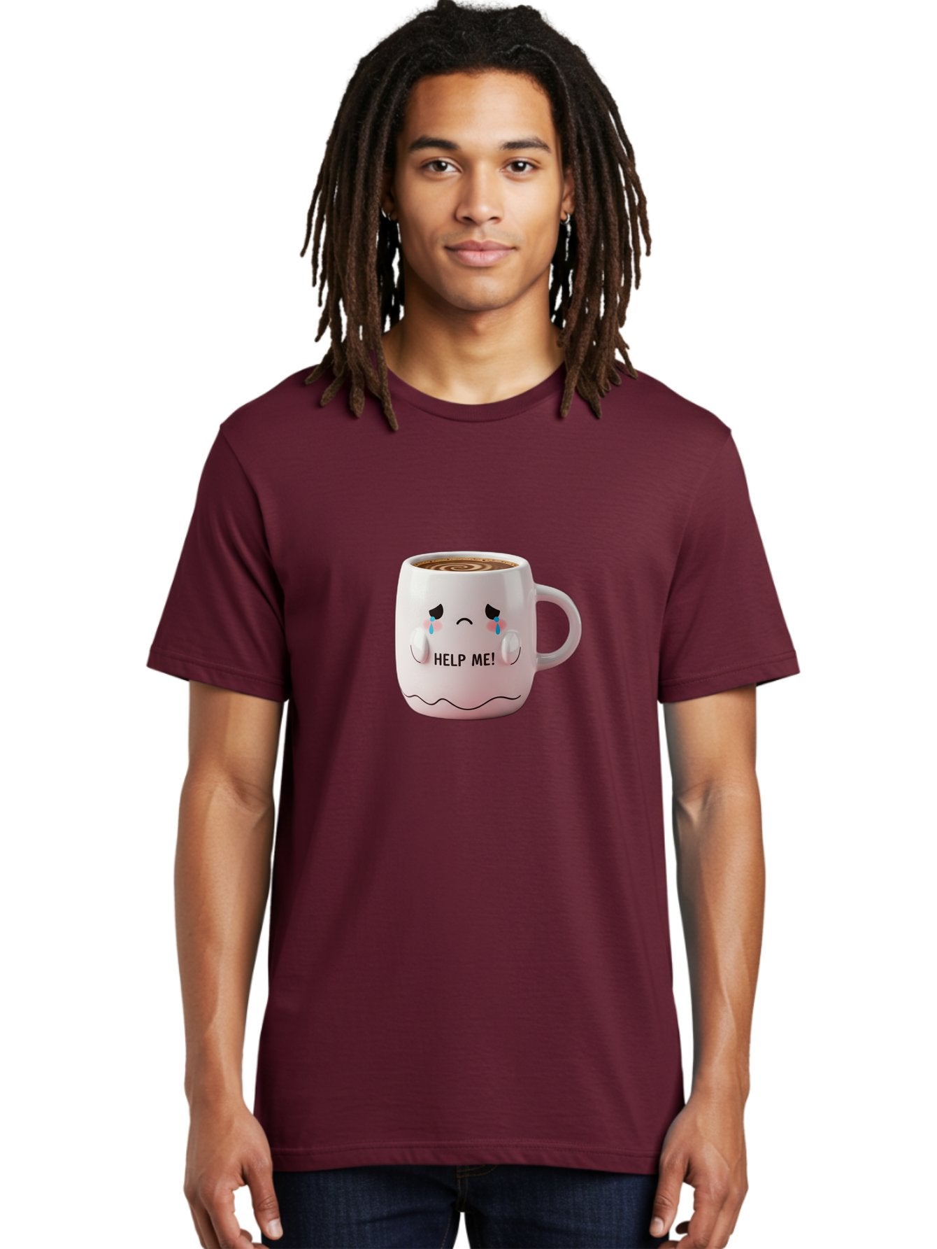 Help-Me-8 Men'S Graphic Tee, 100% Cotton, Comfortable Casual Summer Wear, Machine Washable, Sad Coffee Mug, Crying Face Design, Coffee Drink, Emotional Expression, Distressed Emotions, Quirky Humor, Funny Coffee Culture Bac048 20