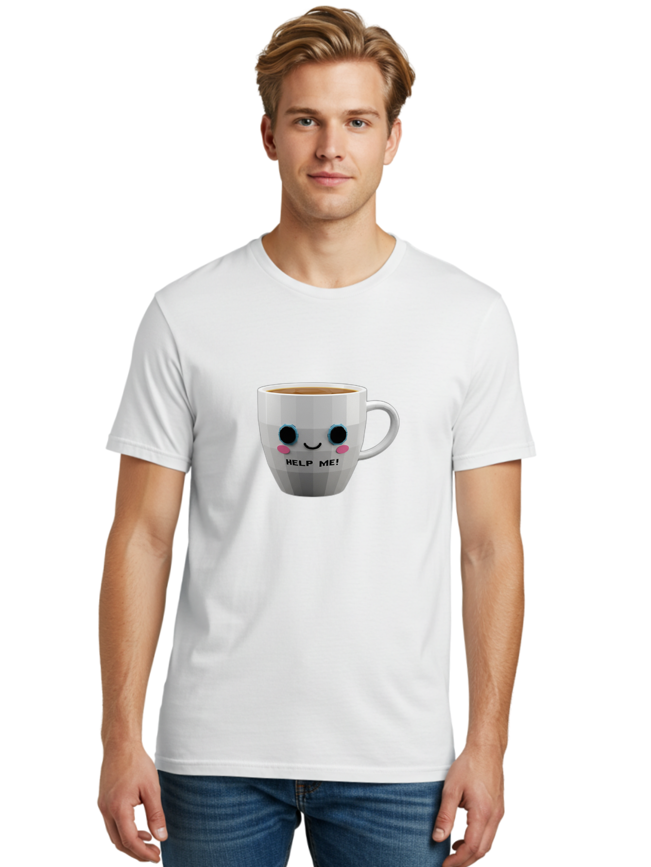 Help-Me-9 Men'S Graphic Tee, 100% Cotton, Comfortable Casual Summer Wear, Machine Washable, Cute Coffee Cup, Cartoon Character, Coffee Break, Funny Design, Animated Mug, Humorous Illustration, Coffee Humor, Cute Design, Coffee Lover Bac049 19