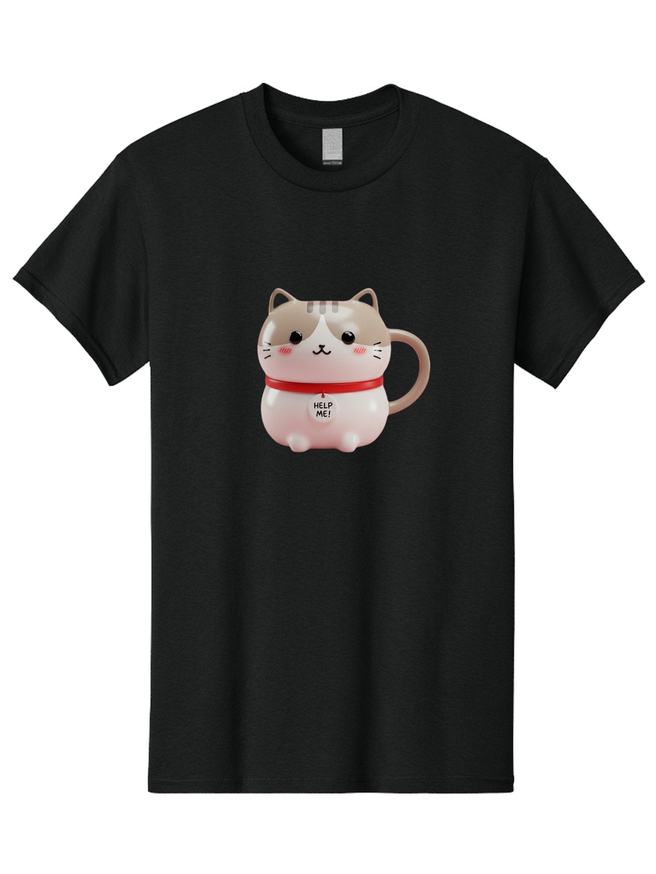 Help-Me-Cat-Mug Men'S Graphic Tee, 100% Cotton, Comfortable Casual Summer Wear, Machine Washable, Cute Cat Mug, Funny Cat Design, Help Me Text, Pink Cat, Red Collar, Cat Lover Gift, Kawaii Cat, Novelty Mug, Cat Figurine Bac050 13